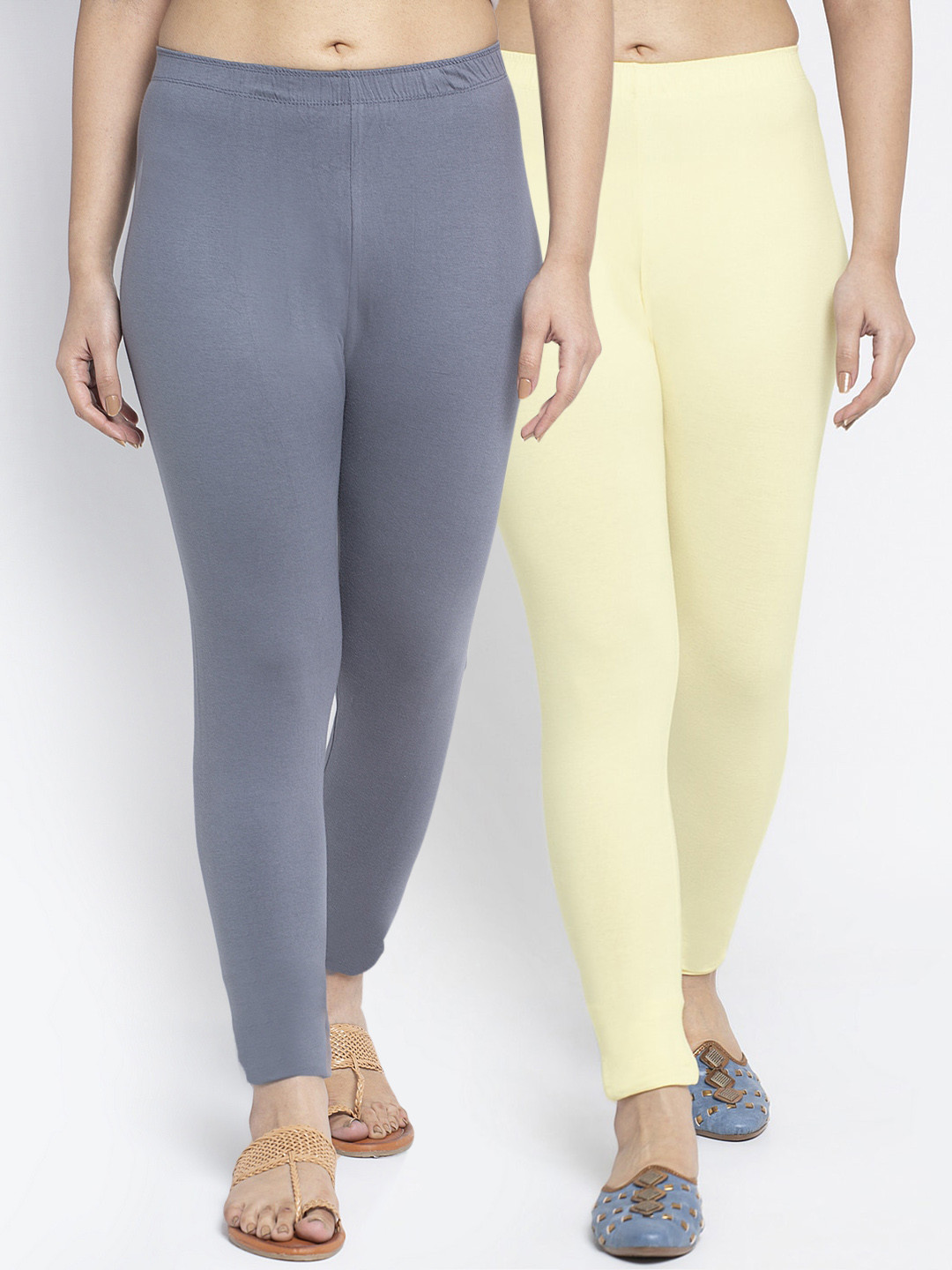Jinfo Women Pack Of 2 Grey & Cream Solid Ankle-Length Leggings