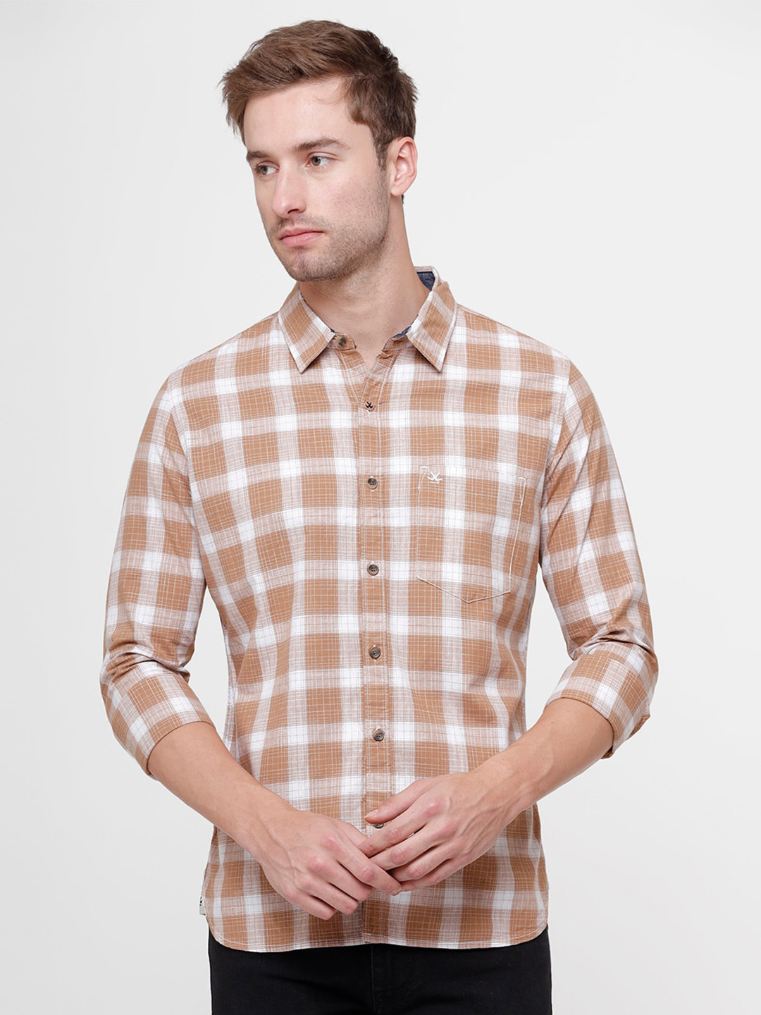 WROGN Men Brown & White Slim Fit Checked Casual Shirt