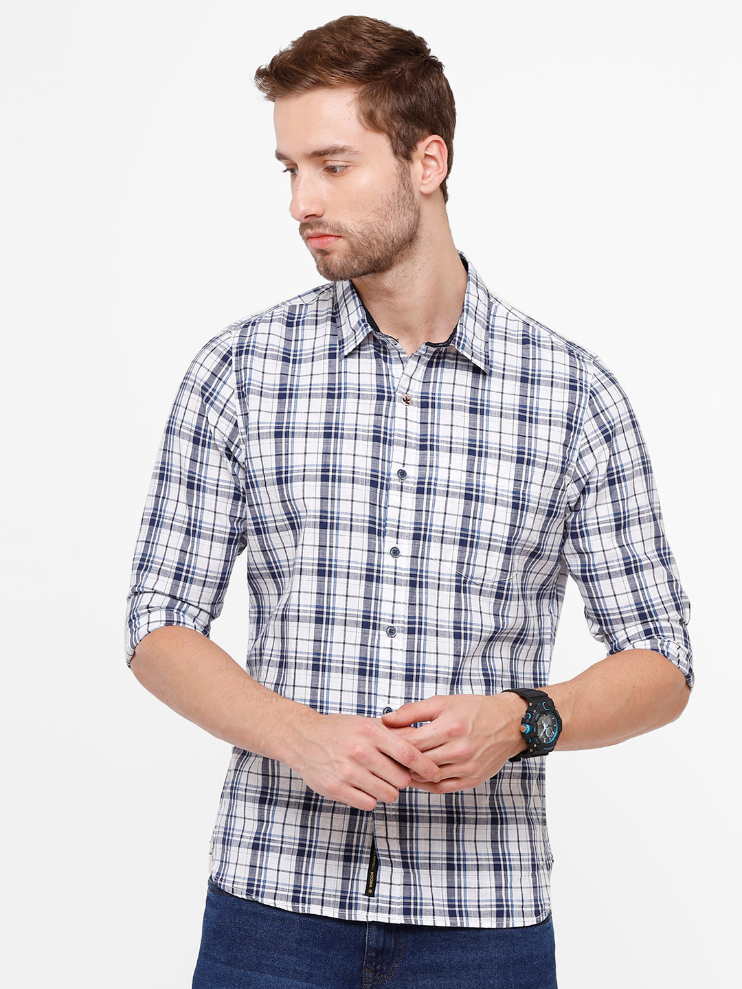 WROGN Men Navy Blue Slim Fit Tartan Checks Pure Cotton Checked Casual Shirt