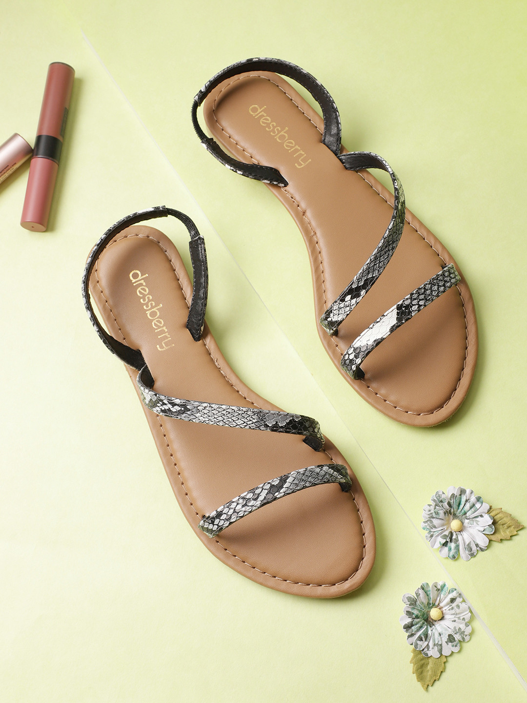 DressBerry Women Black Snake Skin Textured Open Toe Flats