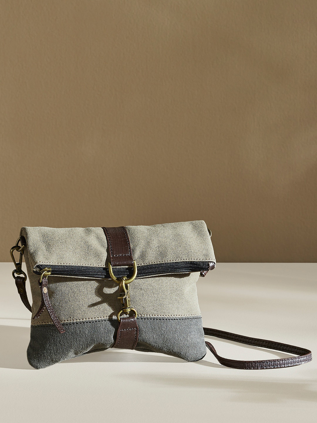 Mona B Brown Women Colourblocked Structured Upcycled Canvas Sling Bag