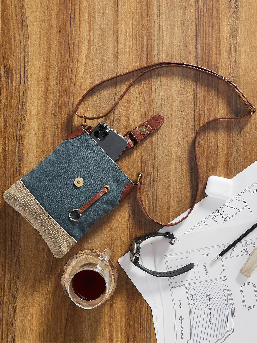 Mona B Blue & Grey Colourblocked Upcycled Crossbody Sling Bag