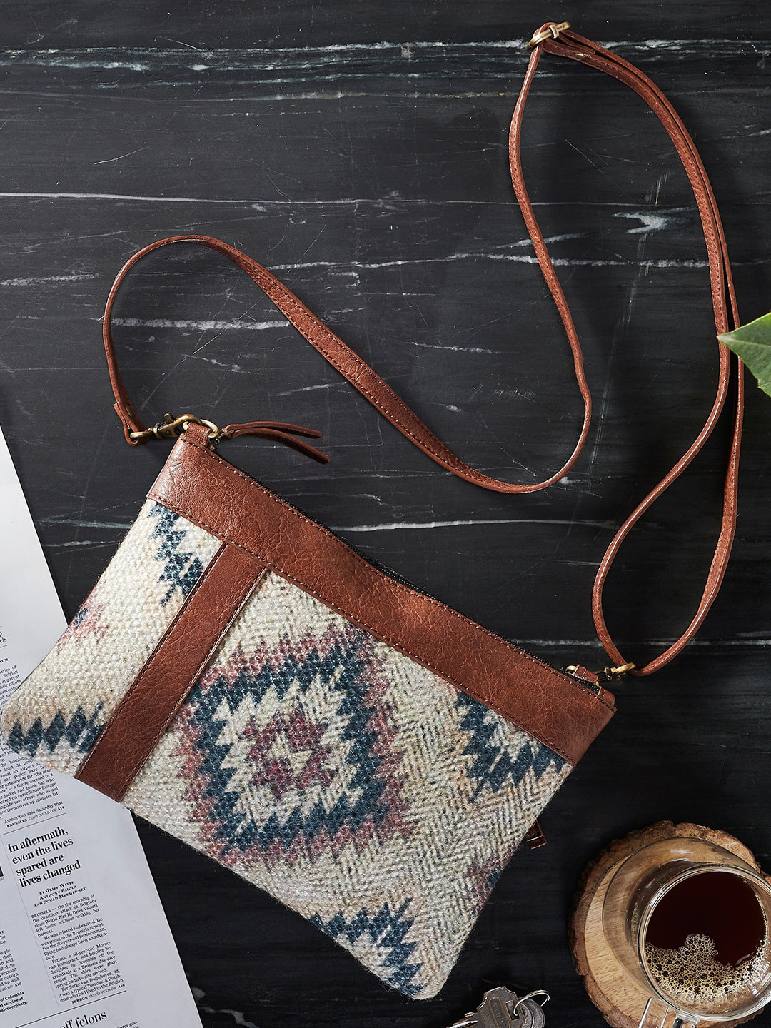 Mona B White Textured Small Upcycled Canvas Crossbody Bag