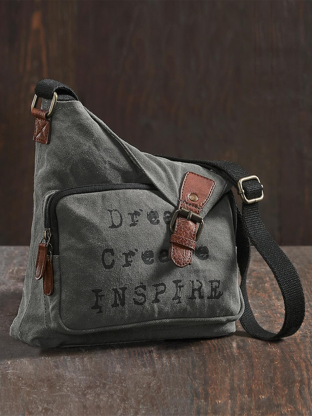 Mona B Grey Upcycled Canvas Printed Messenger Bag