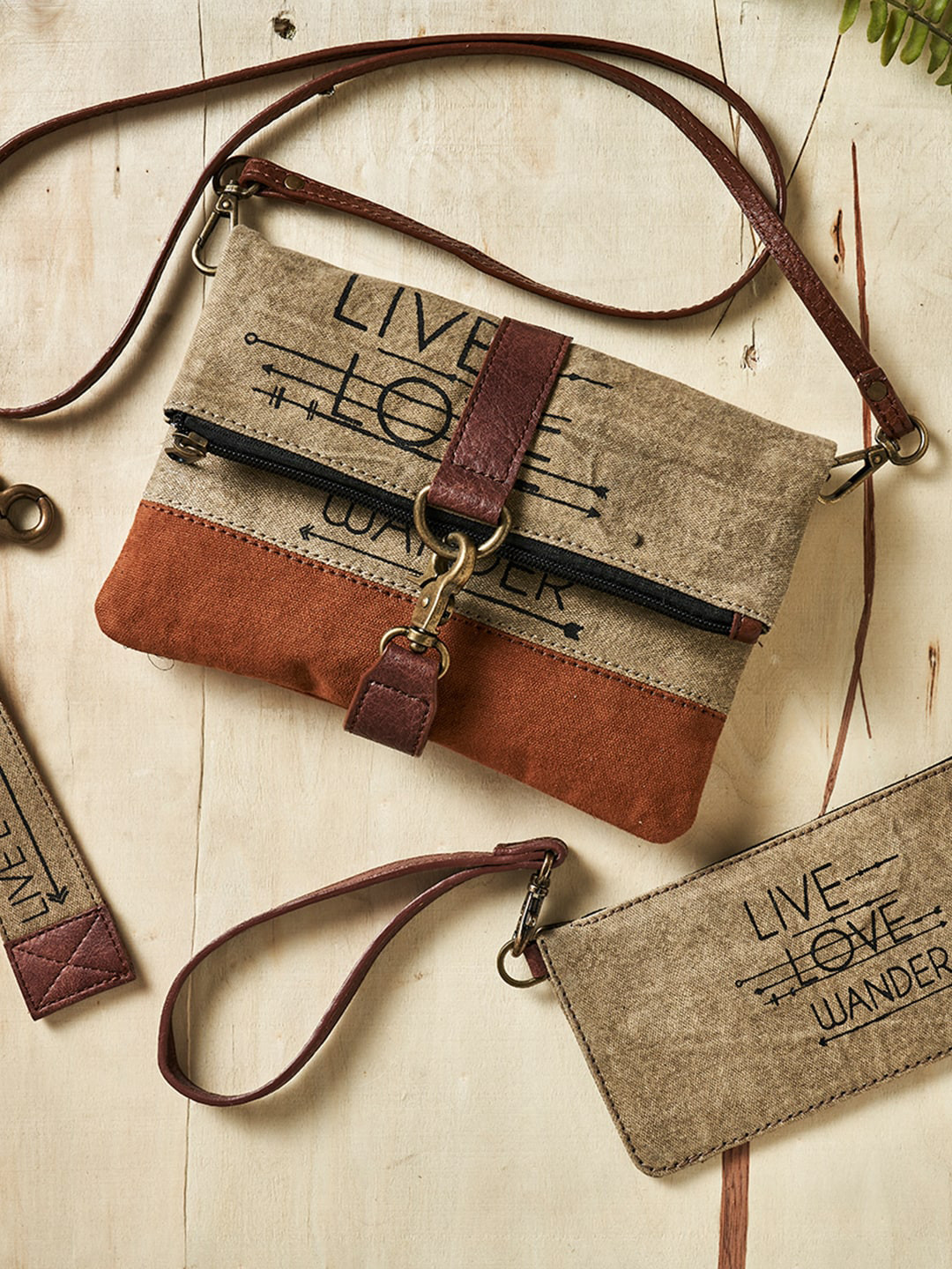 Mona B Beige & Brown Printed Upcycled Canvas Sling Bag