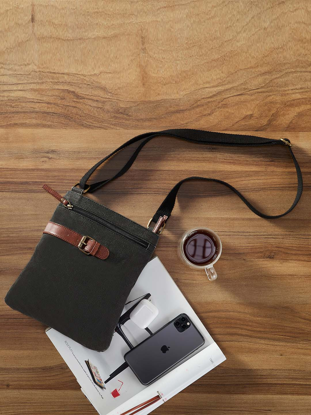 Mona B Black Upcycled Canvas Crossbody Bag