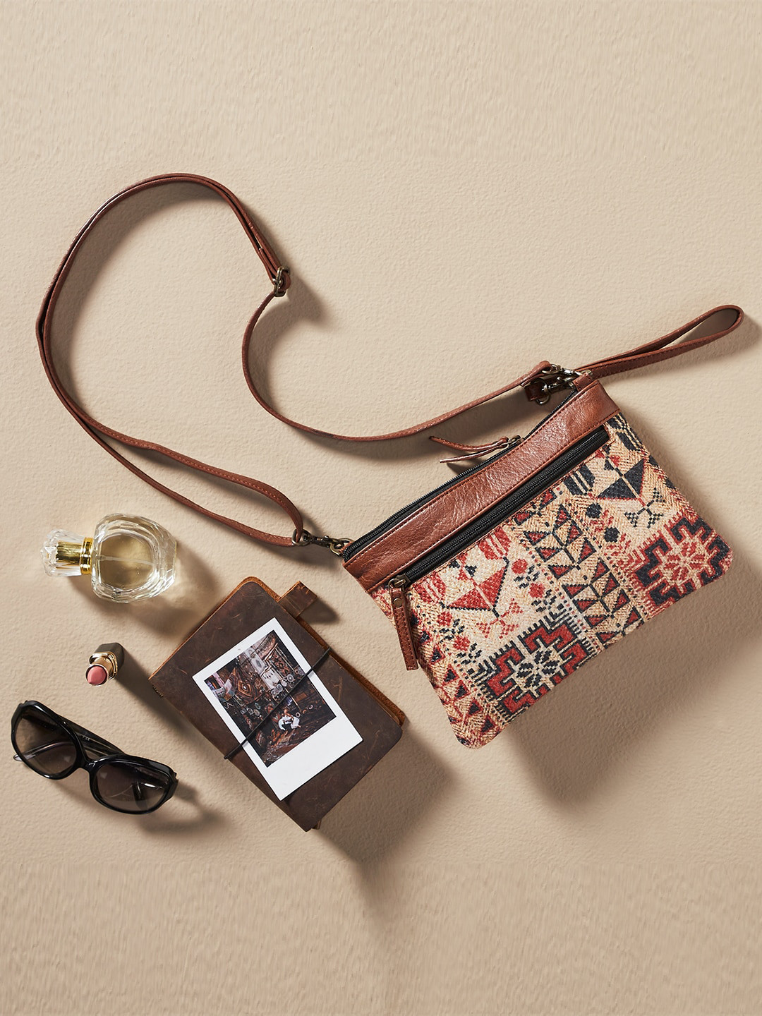 Mona B Women Brown Printed Small Upcycled Canvas Crossbody Bag