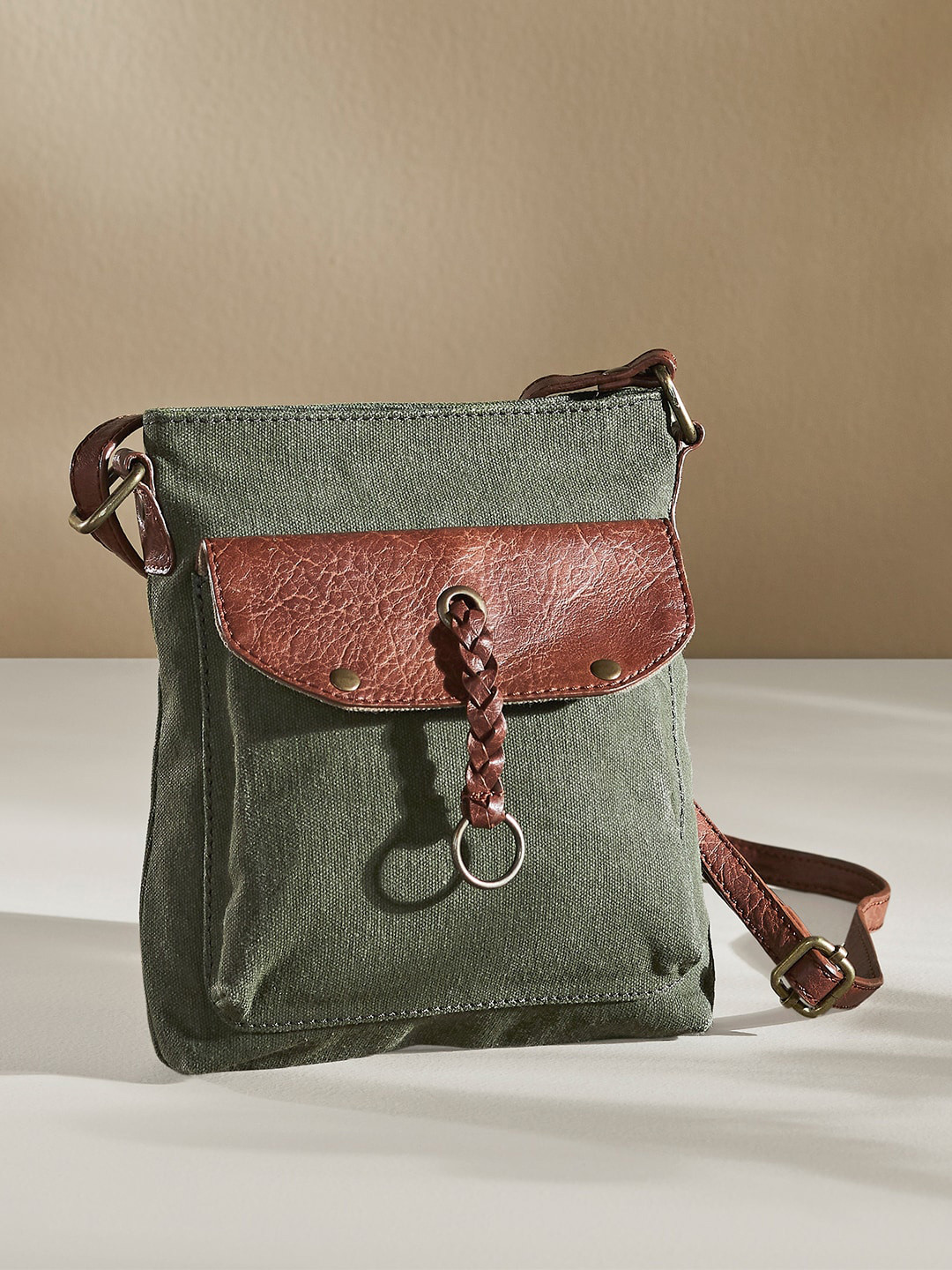 Mona B Green Colourblocked Upcycled Canvas Crossbody Sling Bag