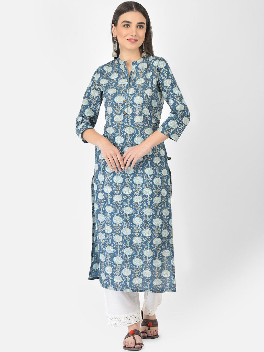 Pistaa Women Blue & White Floral Printed Pure Cotton Kurta Palazzos Set