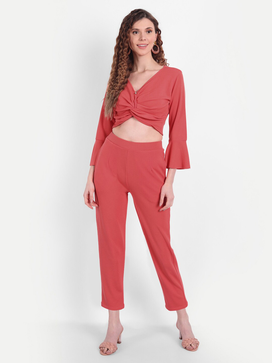 BROADSTAR Women Orange Crop Top with Trousers
