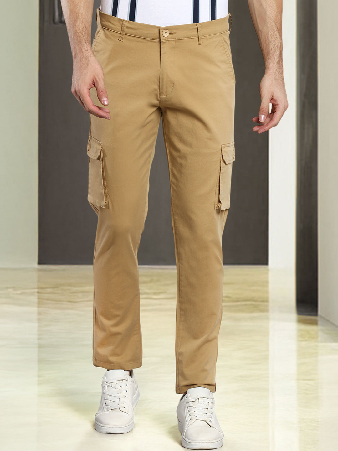 Dennis Lingo Men Khaki Tapered Fit Cargos
