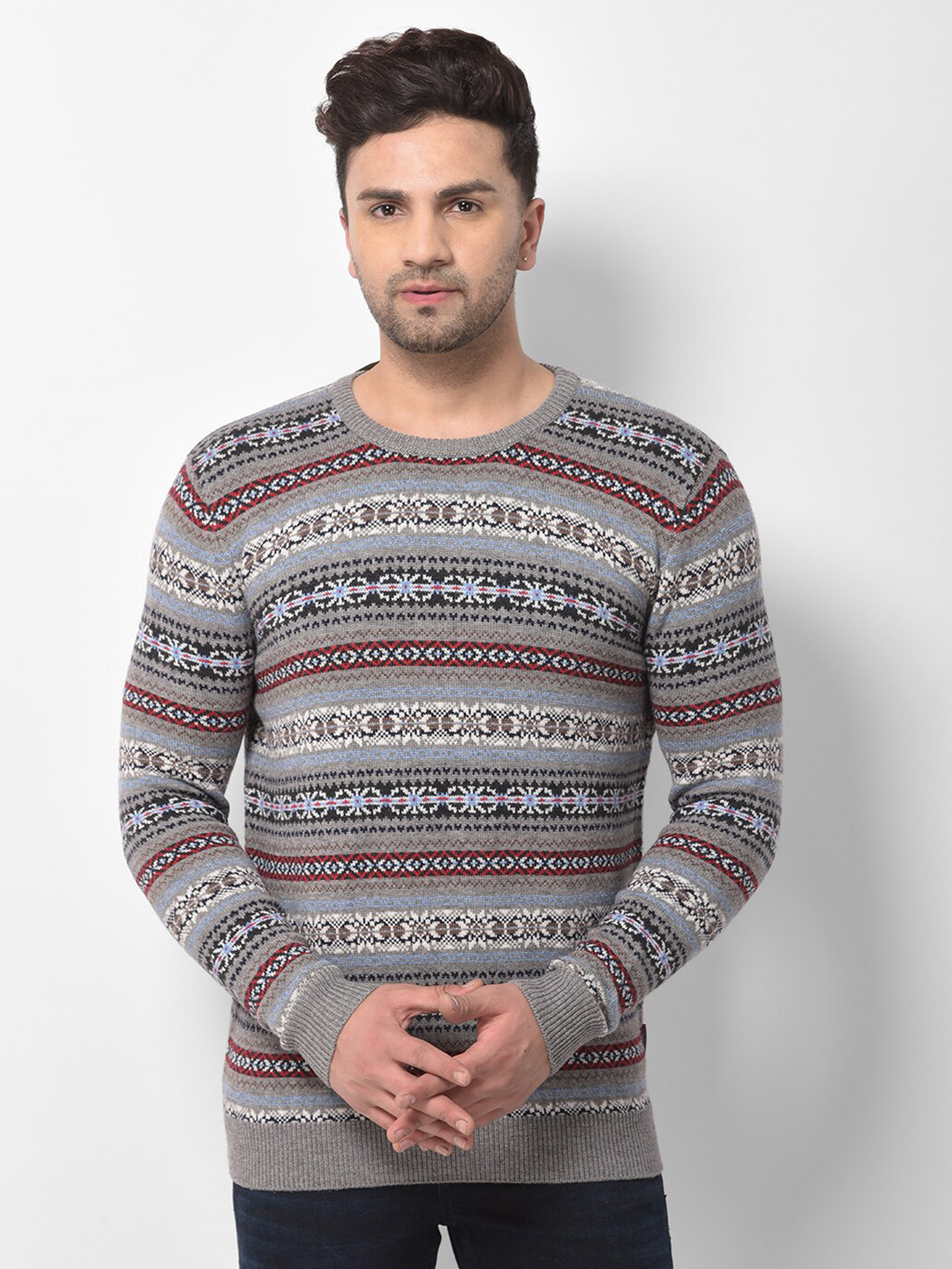 Woodland Men Grey & Red Fair Isle Printed Pullover