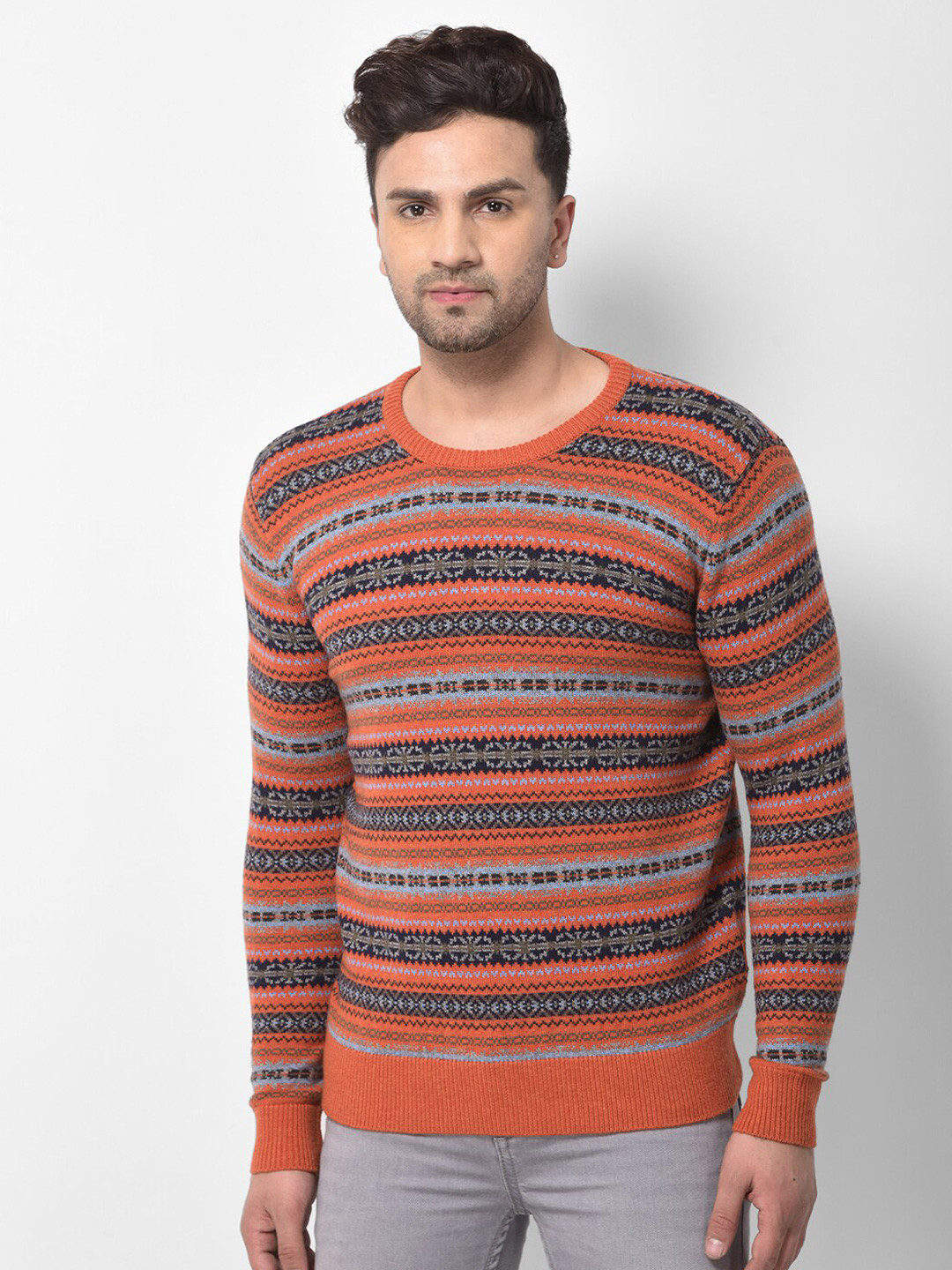 Woodland Men Red & Black Fair Isle Printed Pullover