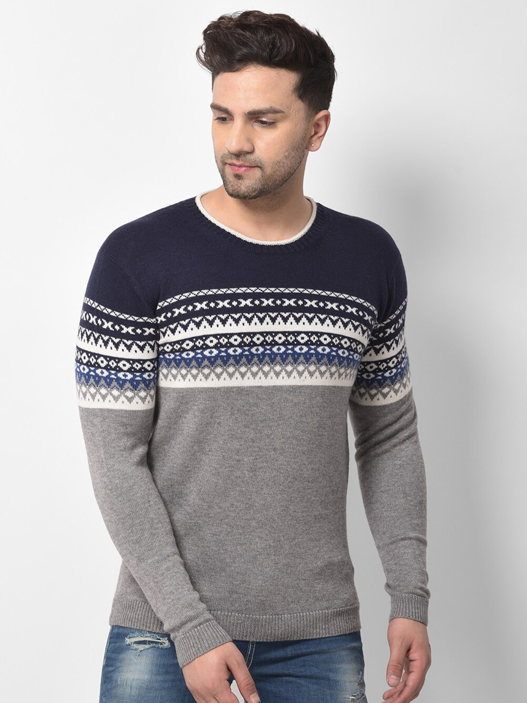 Woodland Men Grey & Navy Blue Fair Isle Printed Woolen Pullover