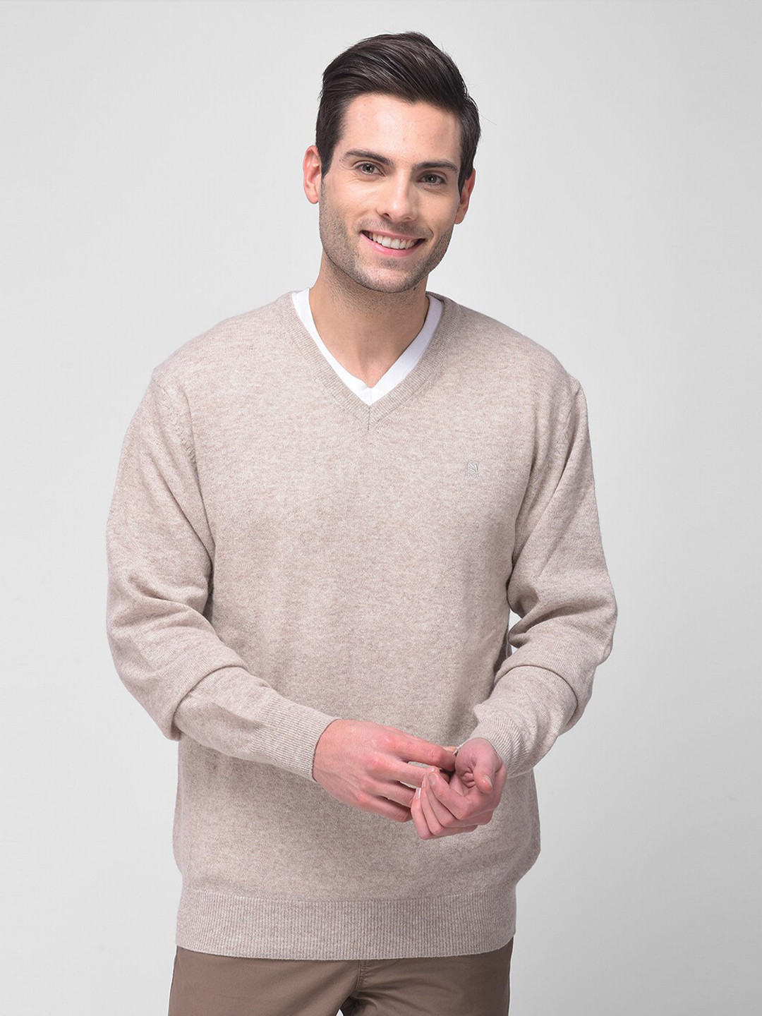 Woodland Men Beige & White Solid Wool Pullover
