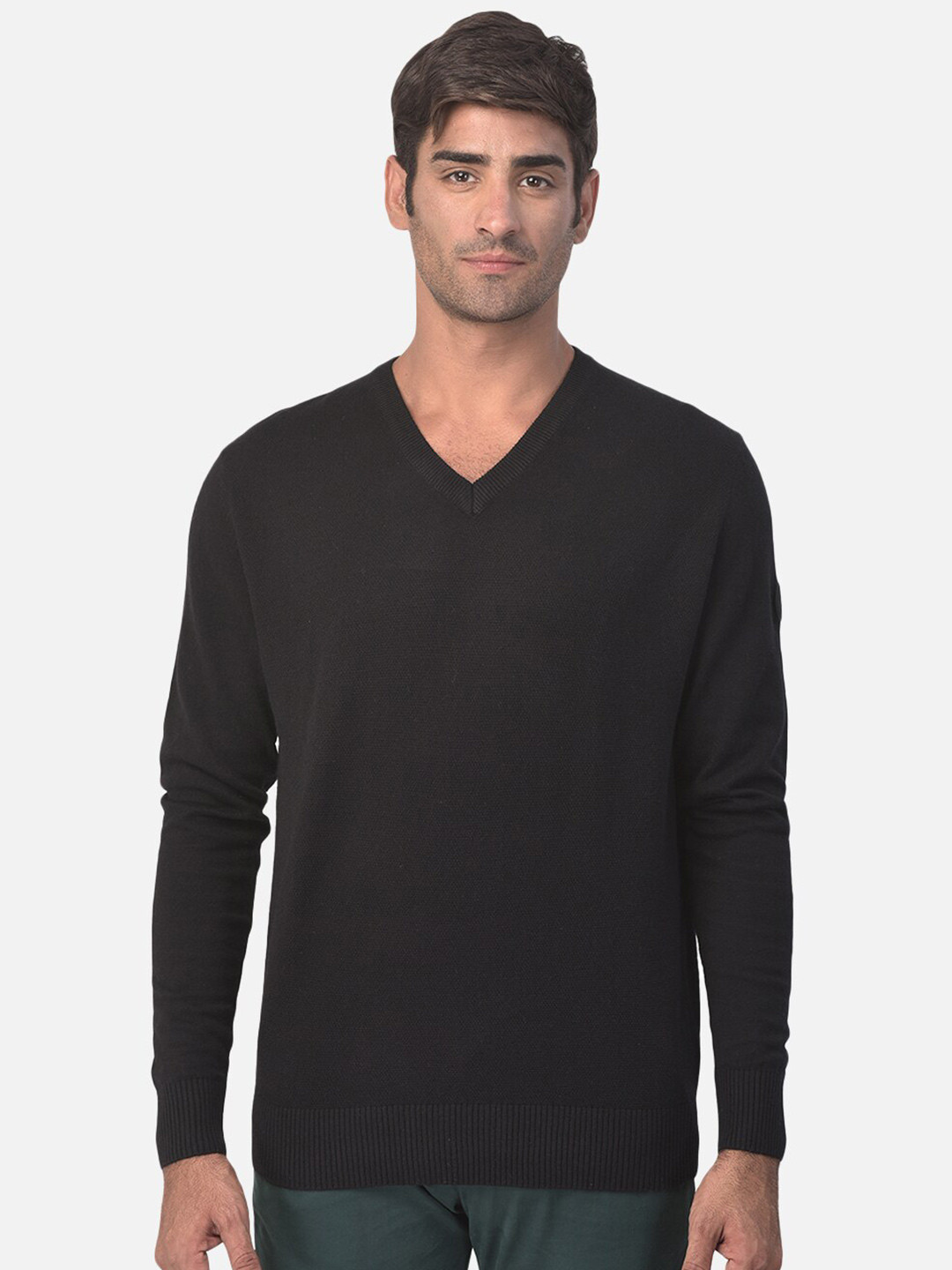 Woodland Men Black Solid Wool Pullover