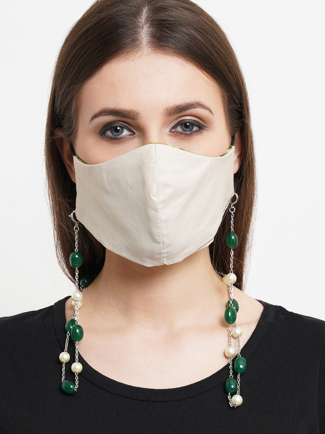 KARATCART Women Green & White Tumble Stone and Pearl-Studded Mask Chain