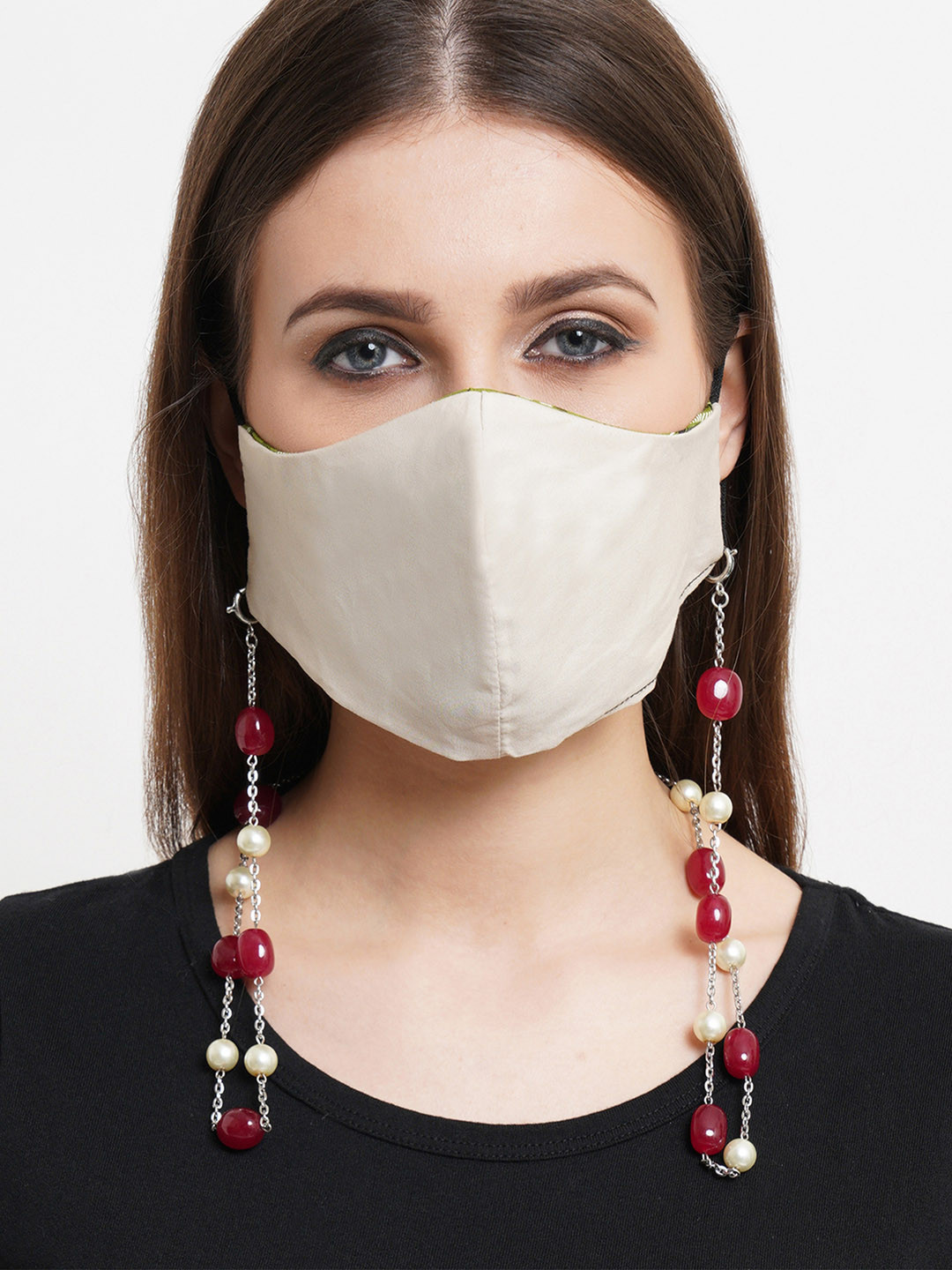 KARATCART Women Red & White Tumble Stone and Pearl Studded Mask Chain