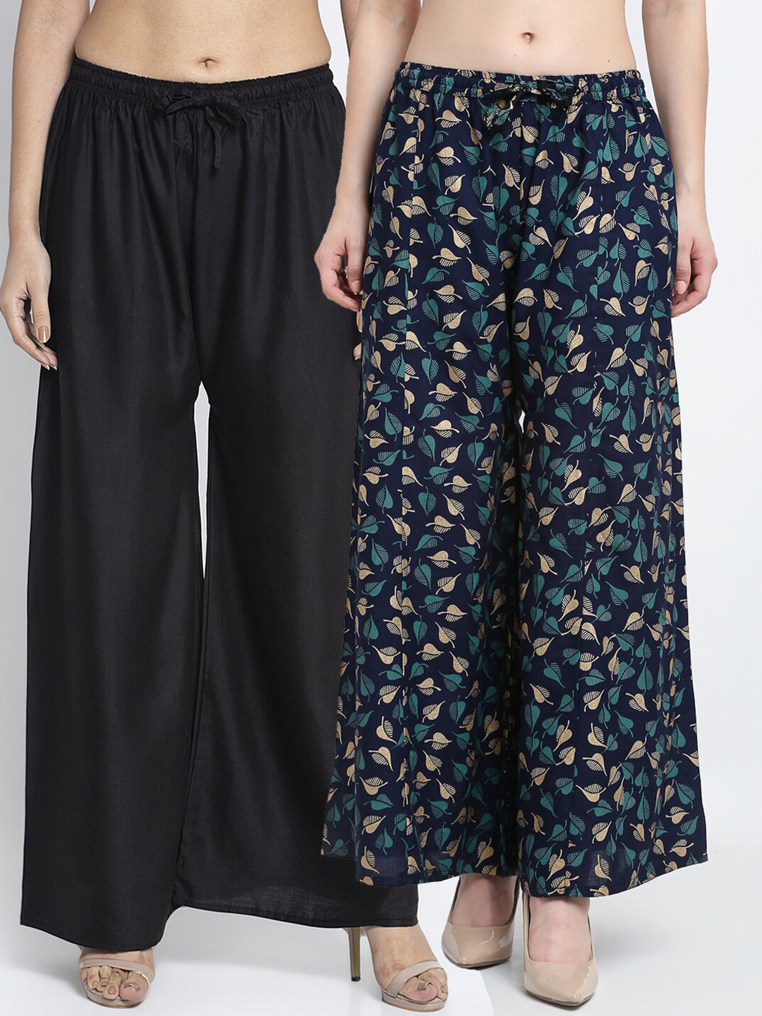 Jinfo Women Black & Navy Blue 2 Floral Printed Flared Knitted Ethnic Palazzos Set Of 2