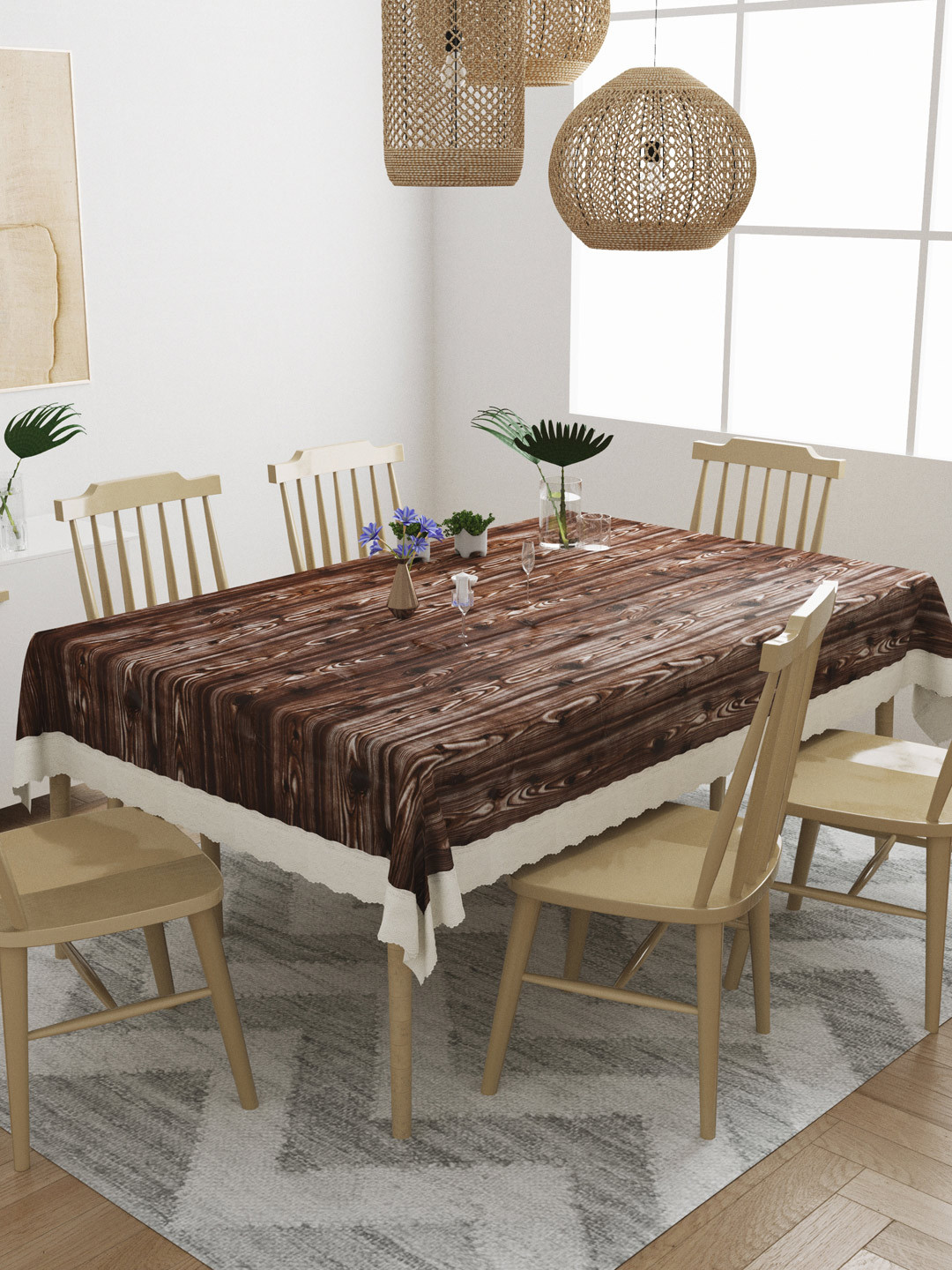 DREAM WEAVERZ Brown & Cream Wooden Finish 6 Seater Dining Table Cover