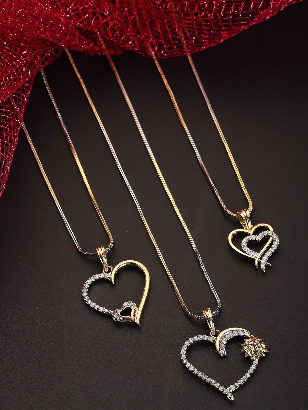 ZENEME Set of 3 Gold & White Plated White American Diamond-Stone Studded Pendant