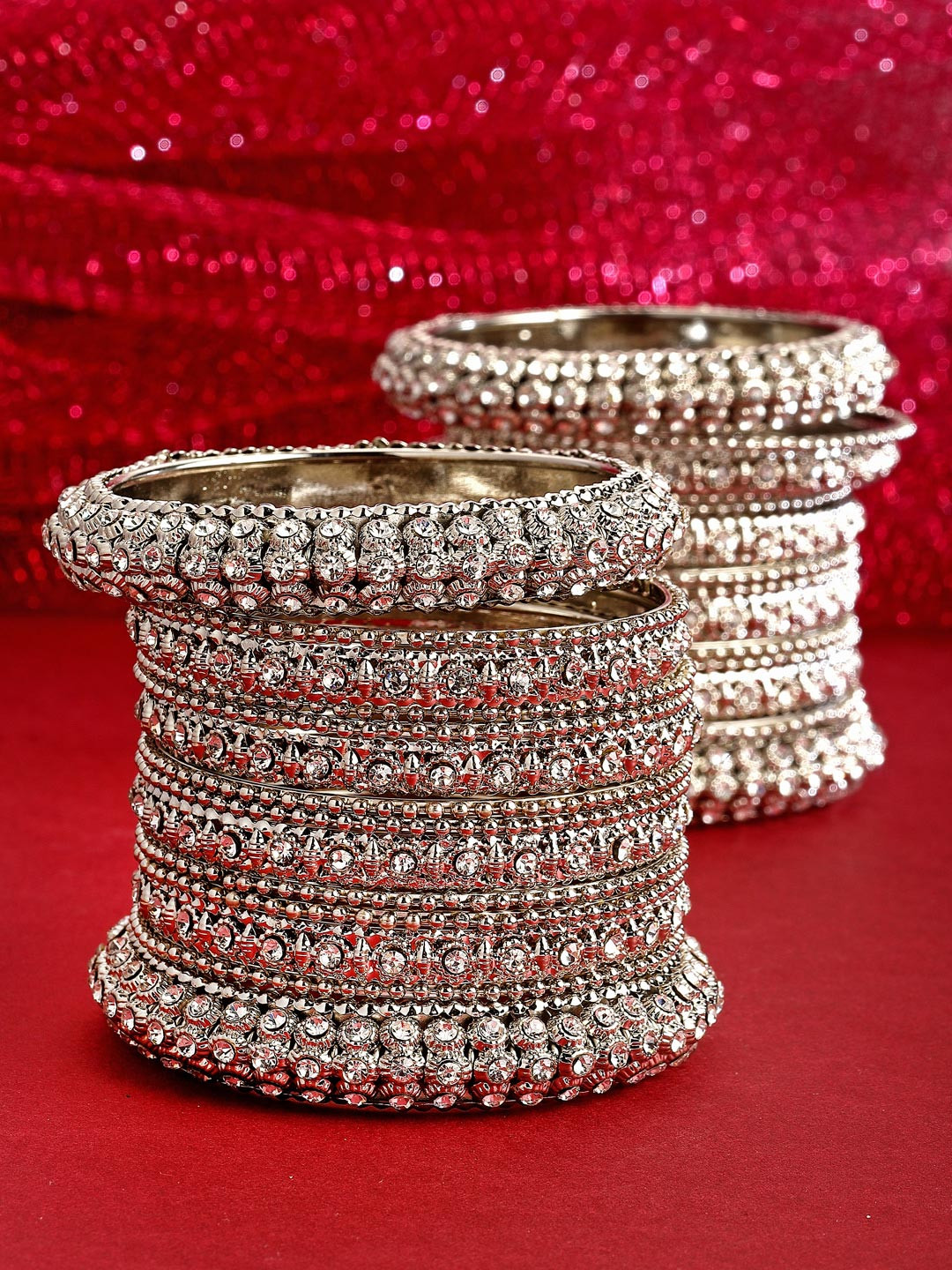 ZENEME Set of 28 Silver-Plated Stone-Studded Textured Oxidized Bangles