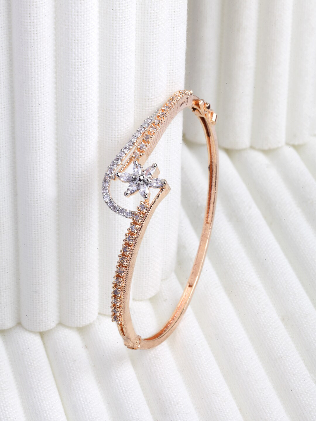 ZENEME Rose Gold Plated Floral White American Diamond Studded Cuff Bracelet