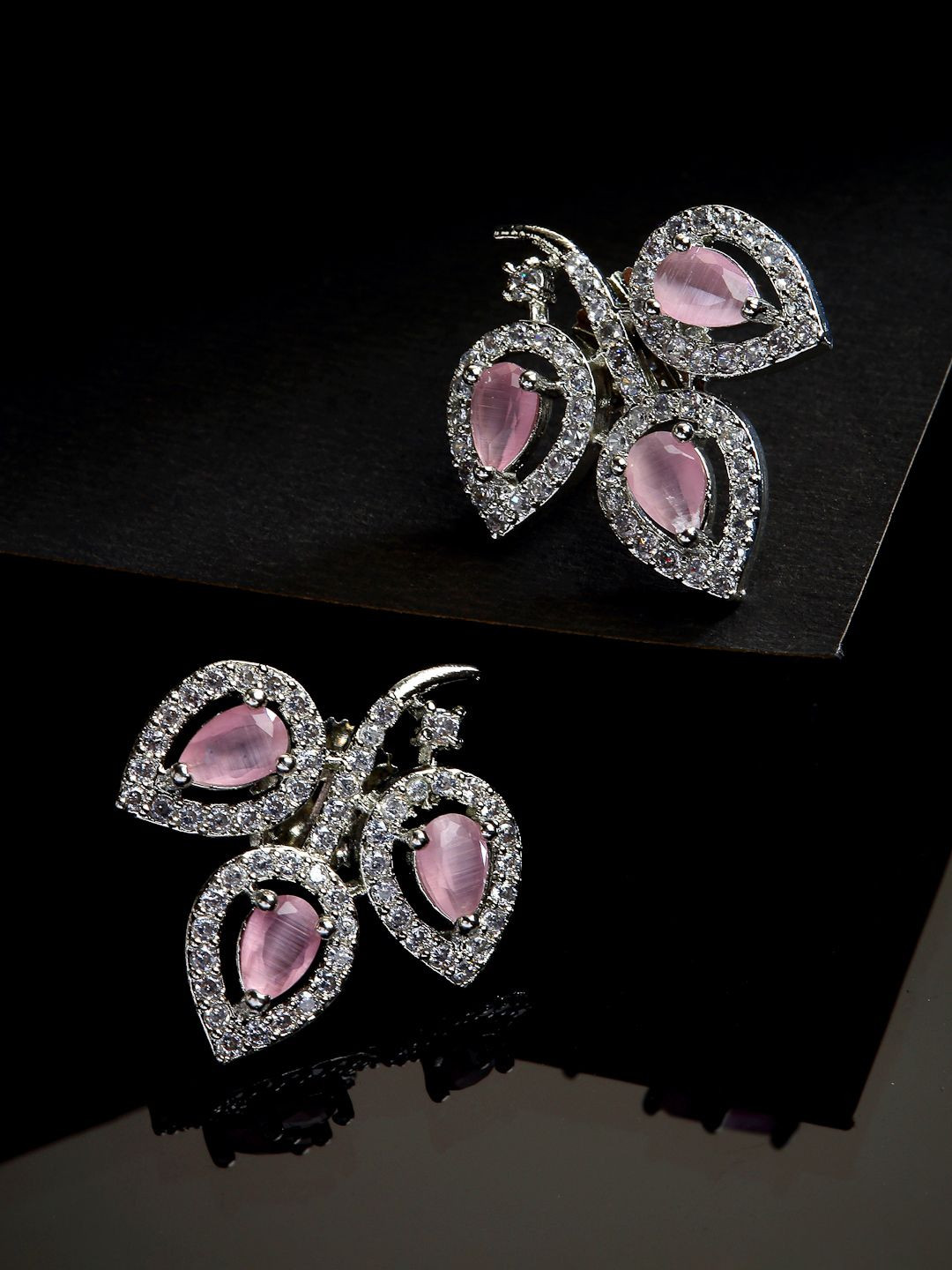 ZENEME Rhodium Plated AD Studded Leaf Design Stud Earrings