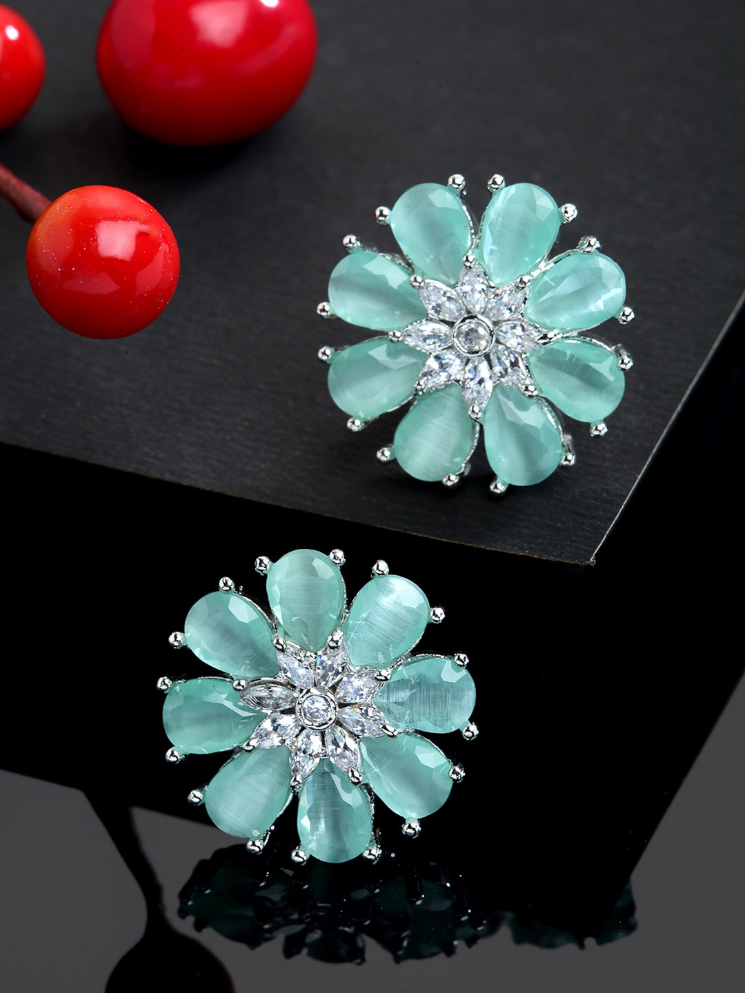 ZENEME Rhodium Plated Silver Toned Sea Green AD Floral Stud Earrings