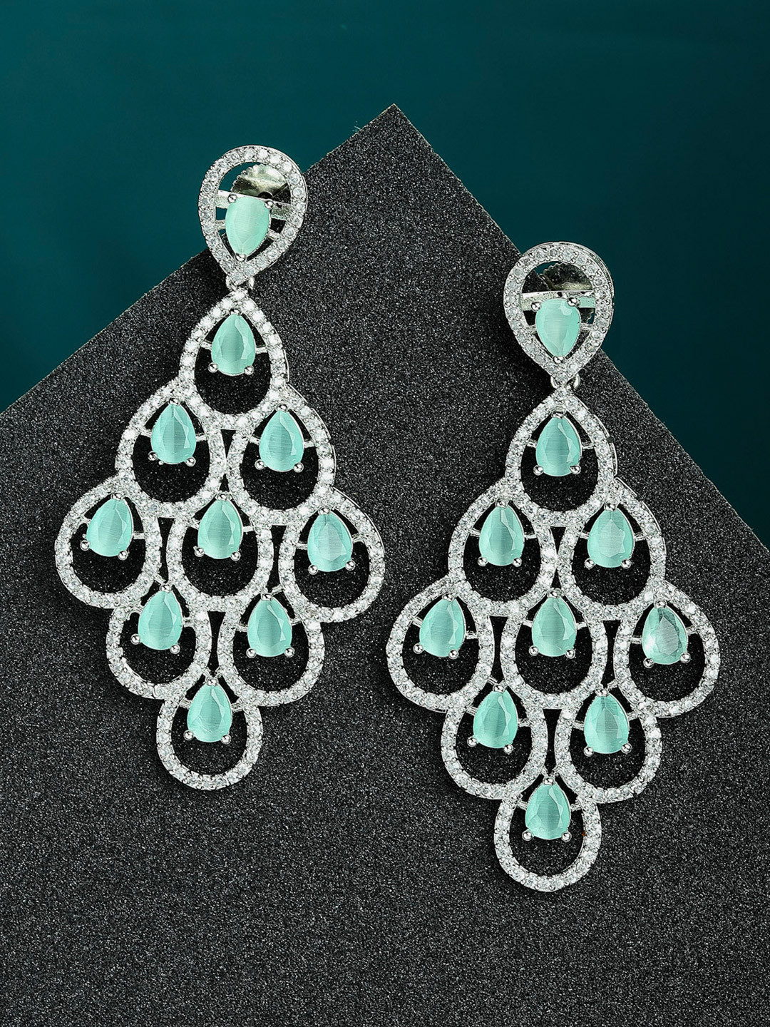 ZENEME Rhodium Plated Sea Green American Diamond Studded Dangler Earrings