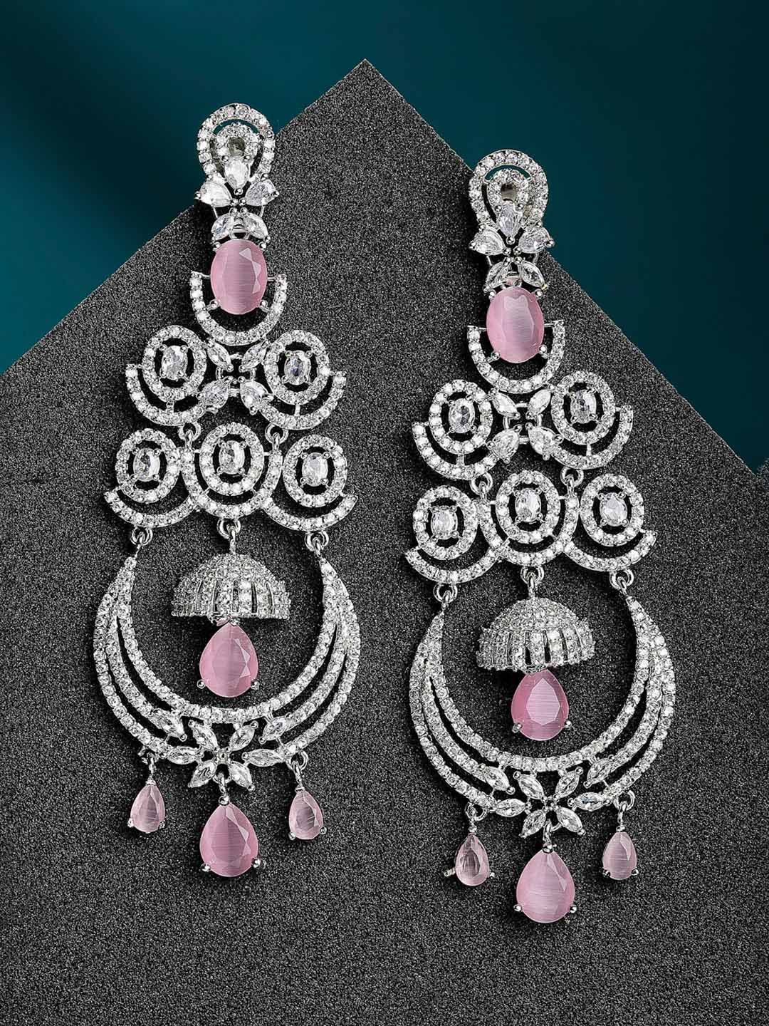 ZENEME Pink & White Rhodium-Plated American Diamond Studded Chandelier Earrings