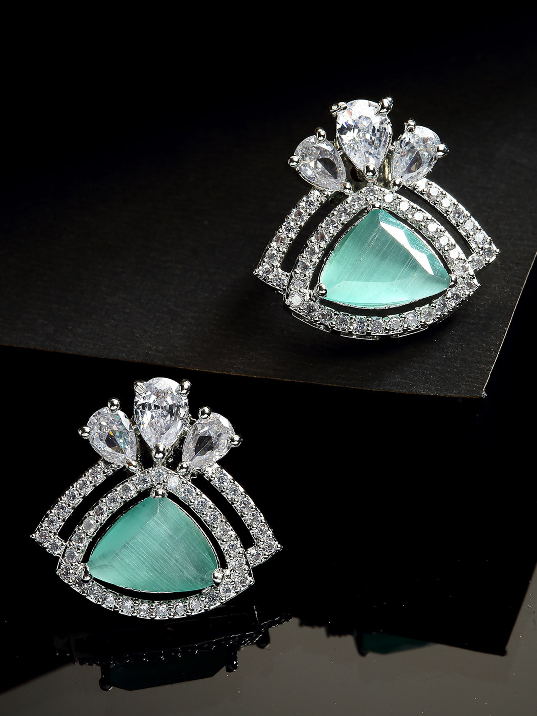 ZENEME Rhodium-Plated Sea Green American Diamond Studded Triangular Studs Earrings