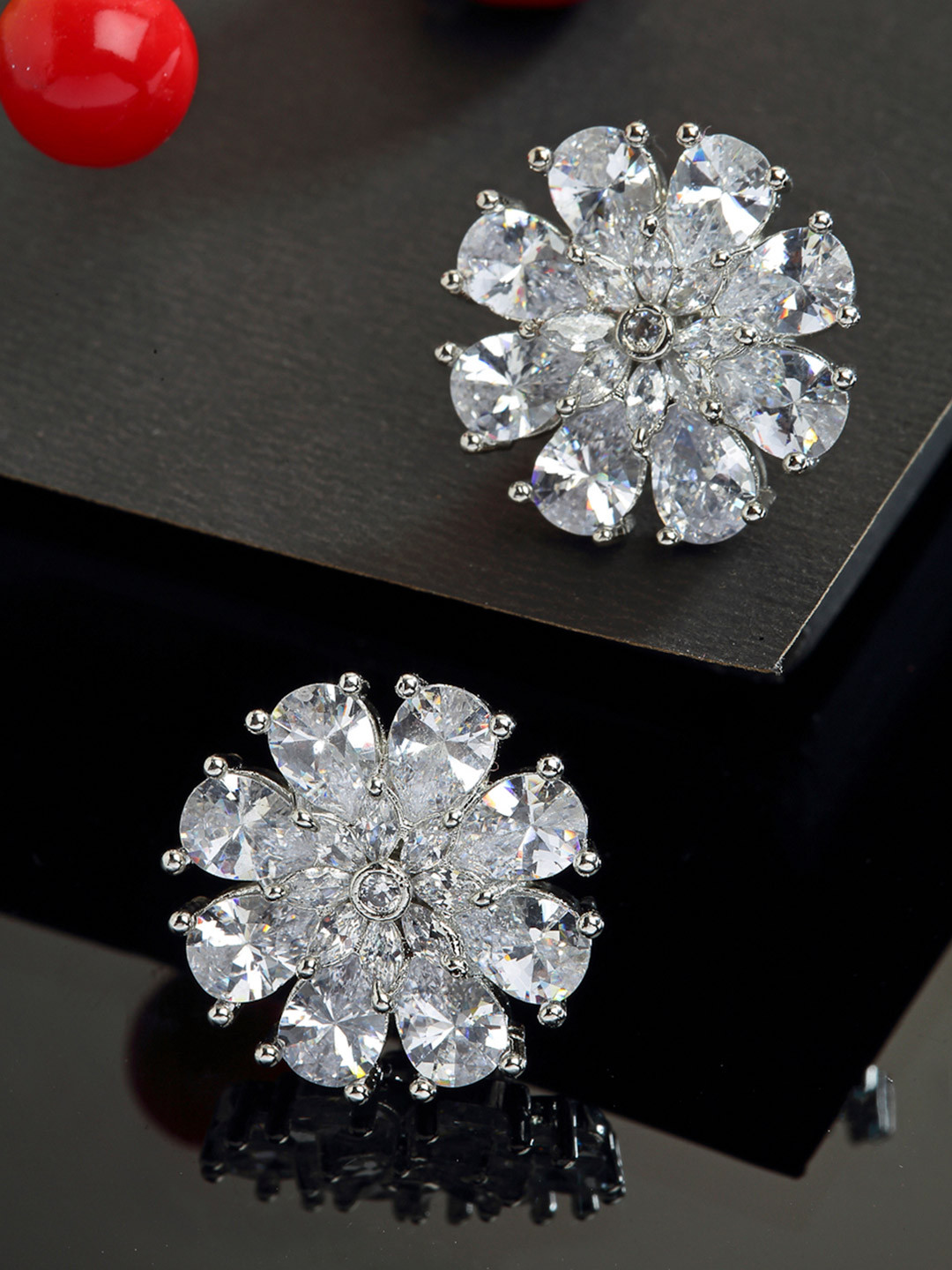 ZENEME White AD-Studded Floral Studs Earrings