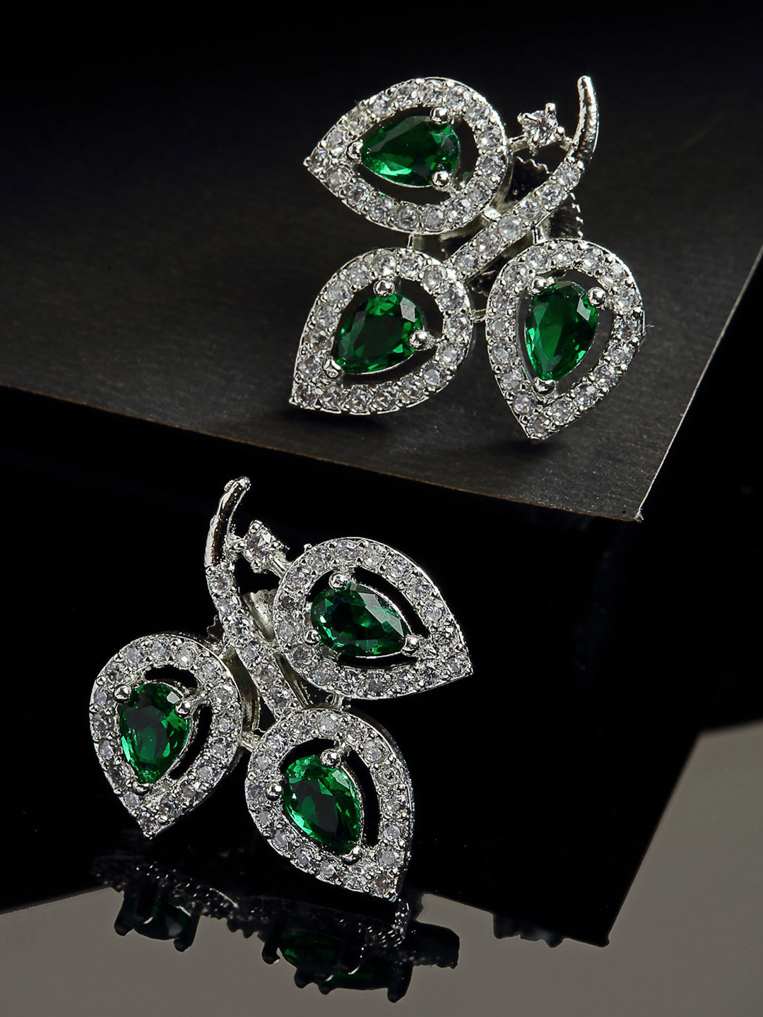 ZENEME Green Leaf Shaped American Diamond Studs Earrings