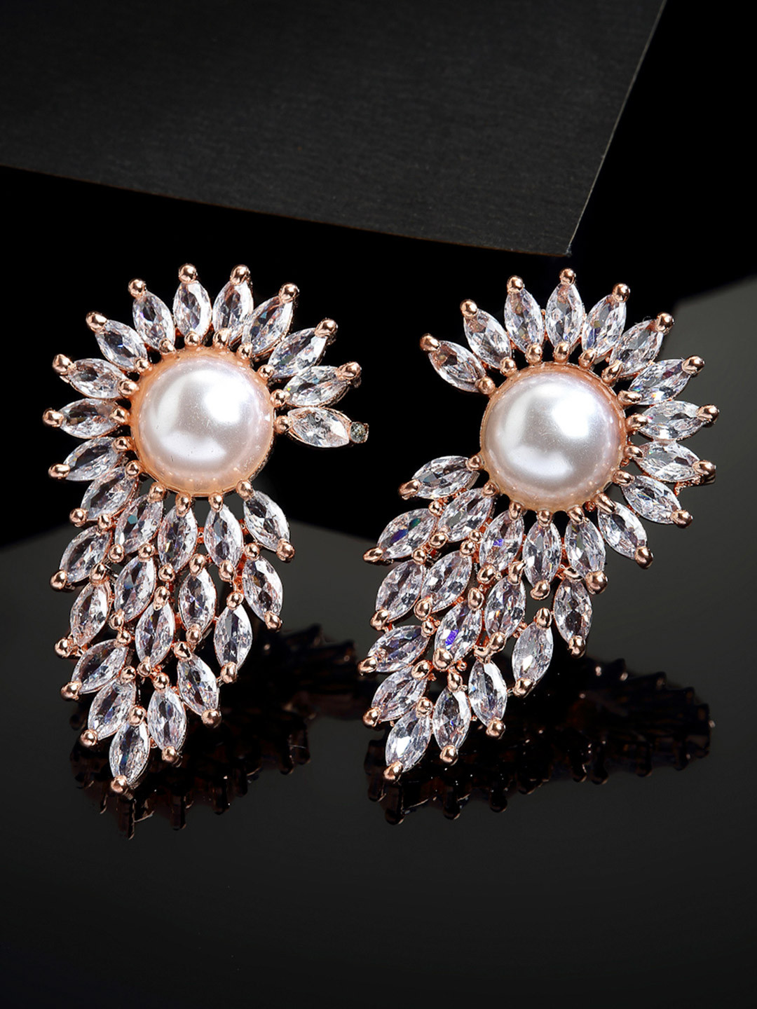 ZENEME Rose Gold Plated Feather Pearl Stud Earring