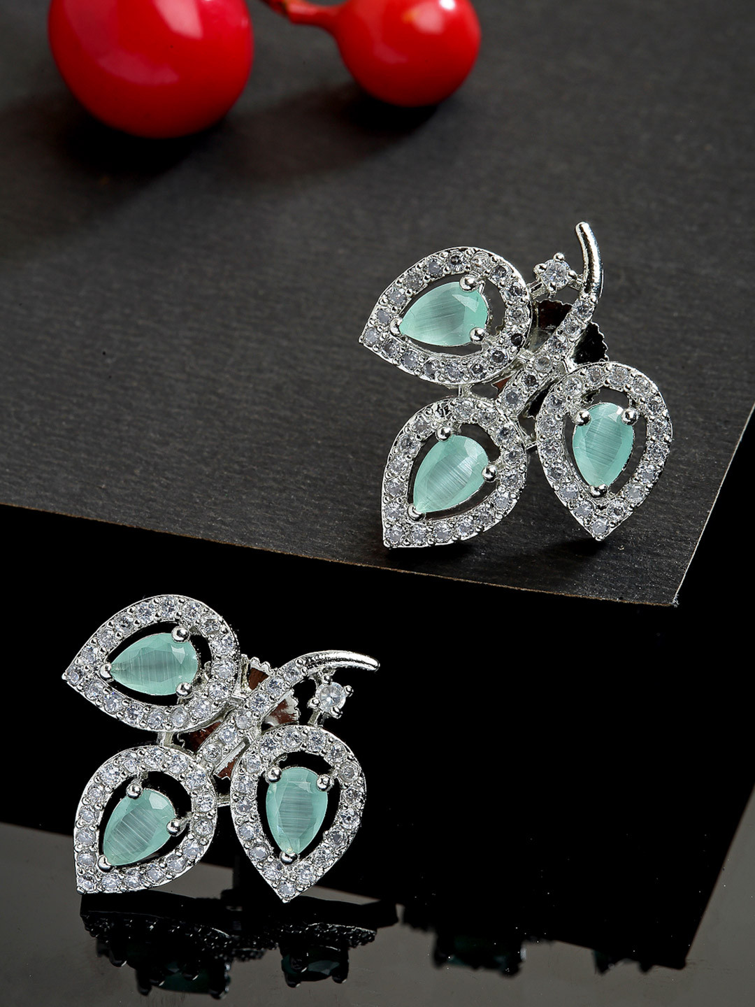 ZENEME Rhodium Plated Silver Toned Sea Green AD Studded Leaf Design Stud Earrings