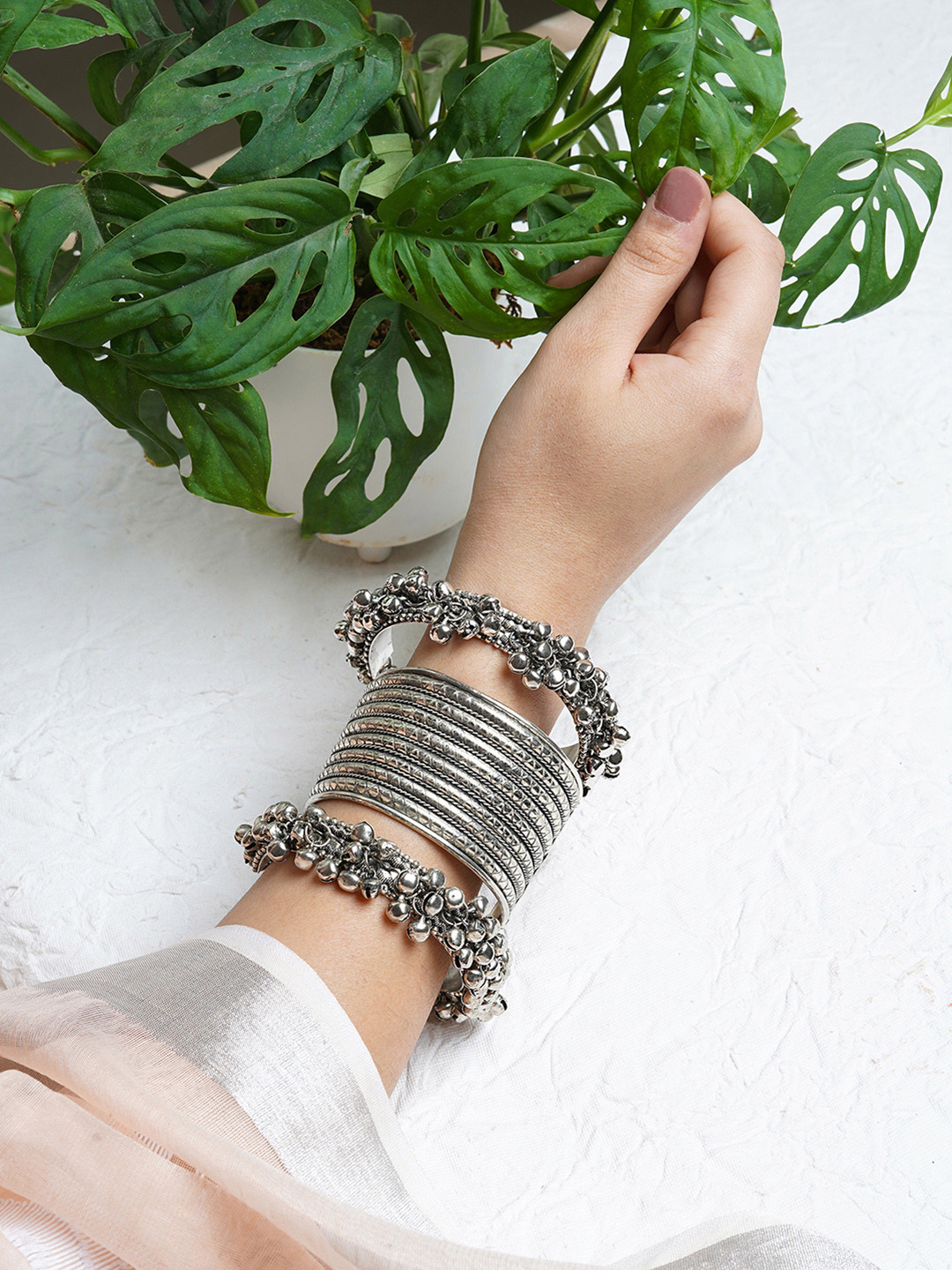 TEEJH Women Set Of 3 Silver-Plated Aalisha Stacked Bangle-Style Bracelet