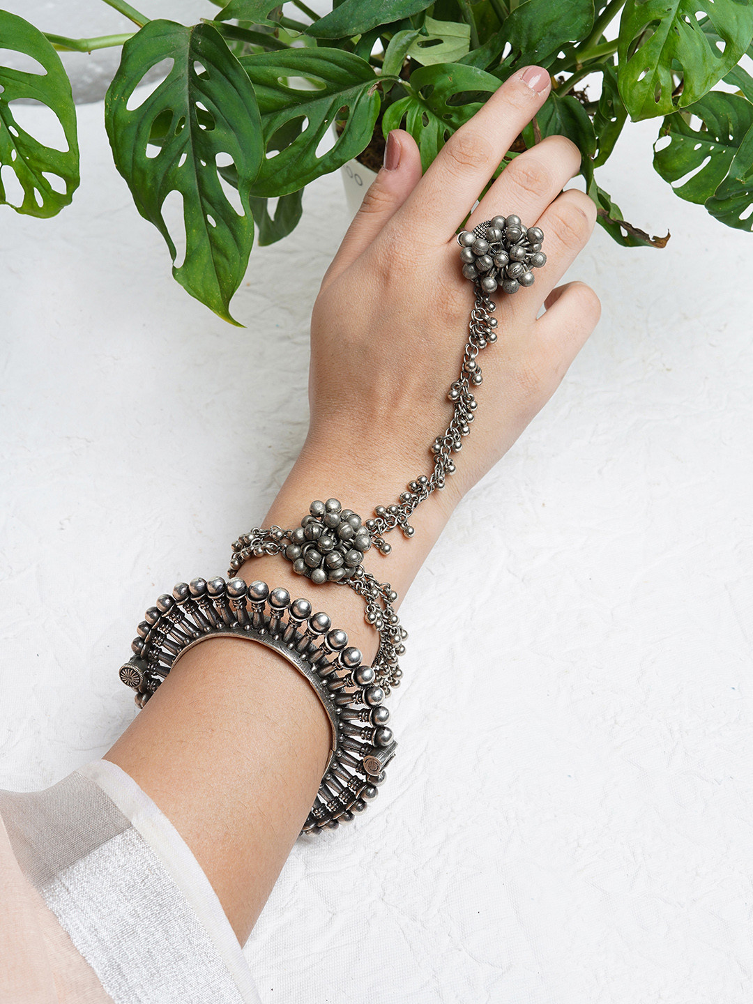 TEEJH Women Set of 2 Silver-Plated Ring Bracelet Set