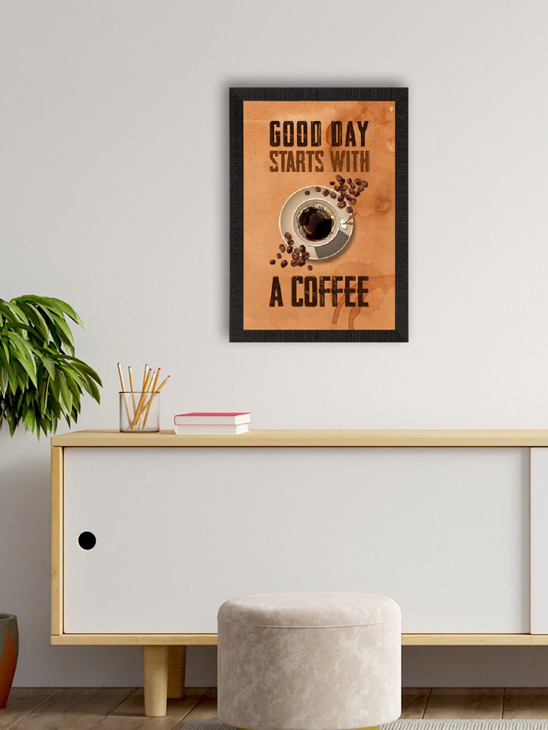 eCraftIndia Orange Good Day Starts with a Coffee Printed Framed Wall Art