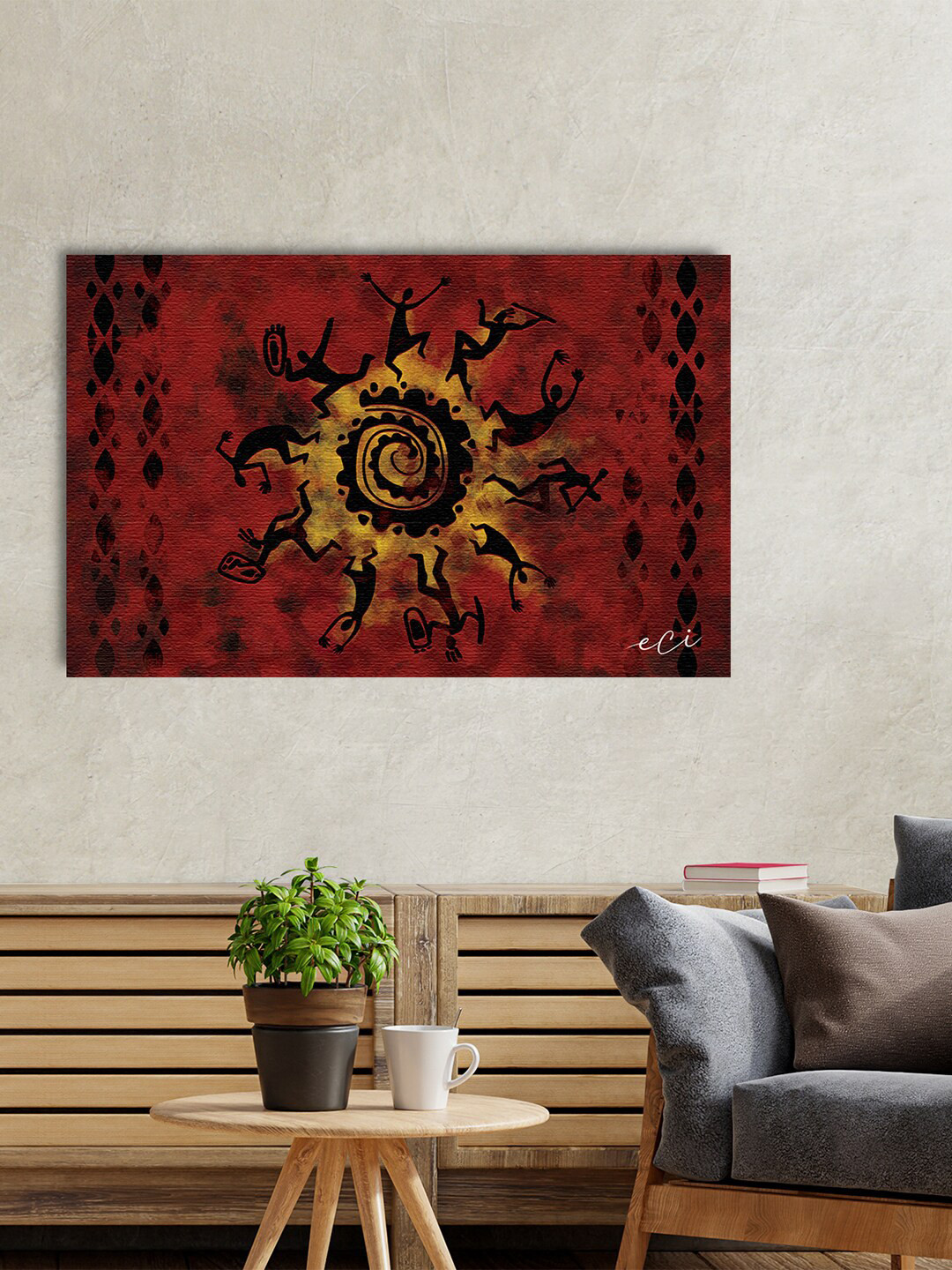eCraftIndia Red & Black Tribal Mandala Canvas Printed Wall Art
