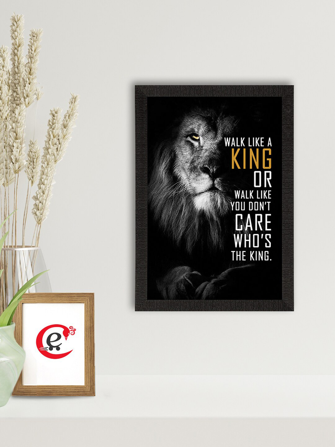 eCraftIndia Black and White Walk like a King Matt Texture Printed Framed Wall Art