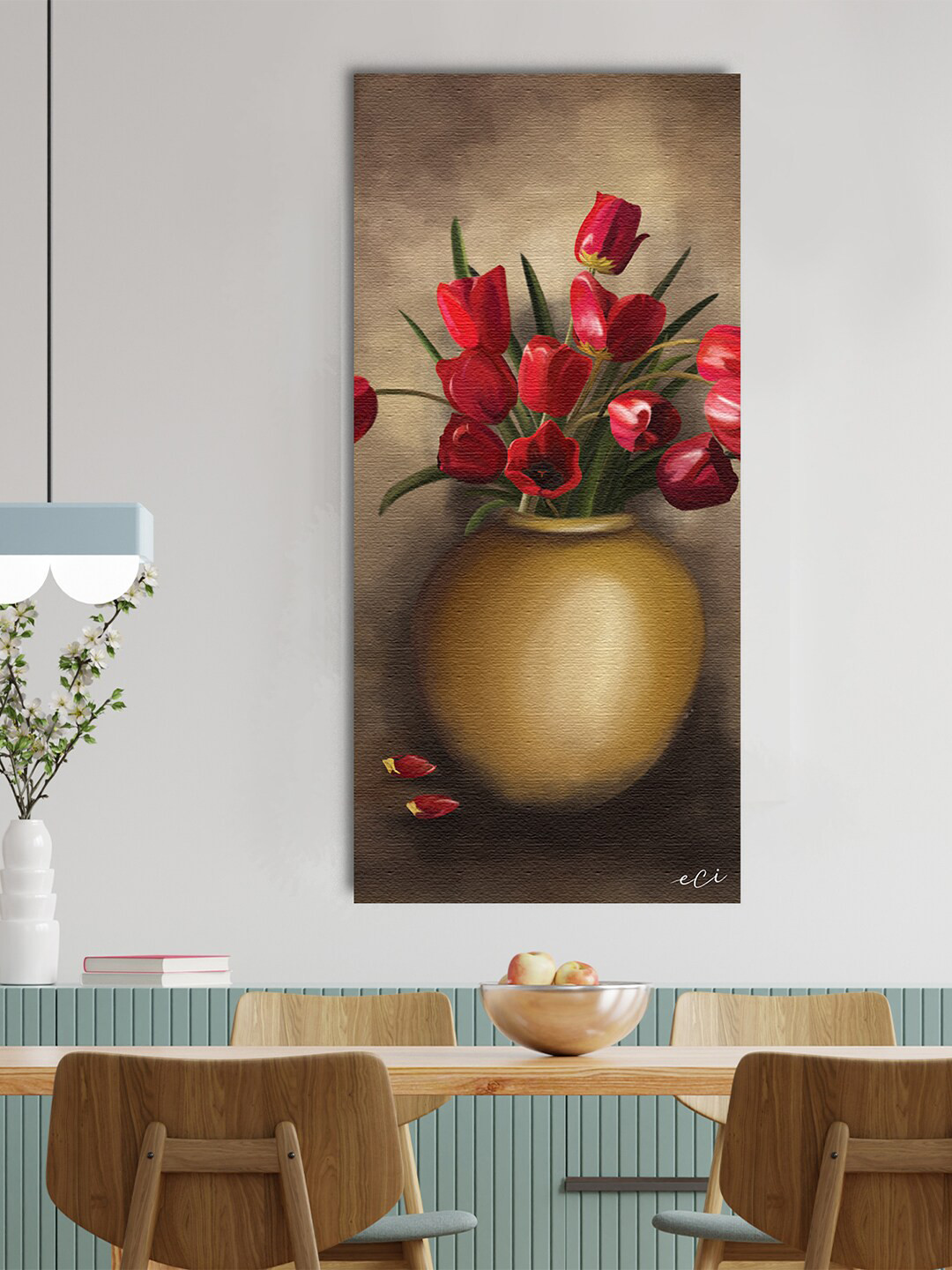 eCraftIndia Rose Flower Vase Canvas Wall Rectangle Paintings Wall Art - 48 x 24 In