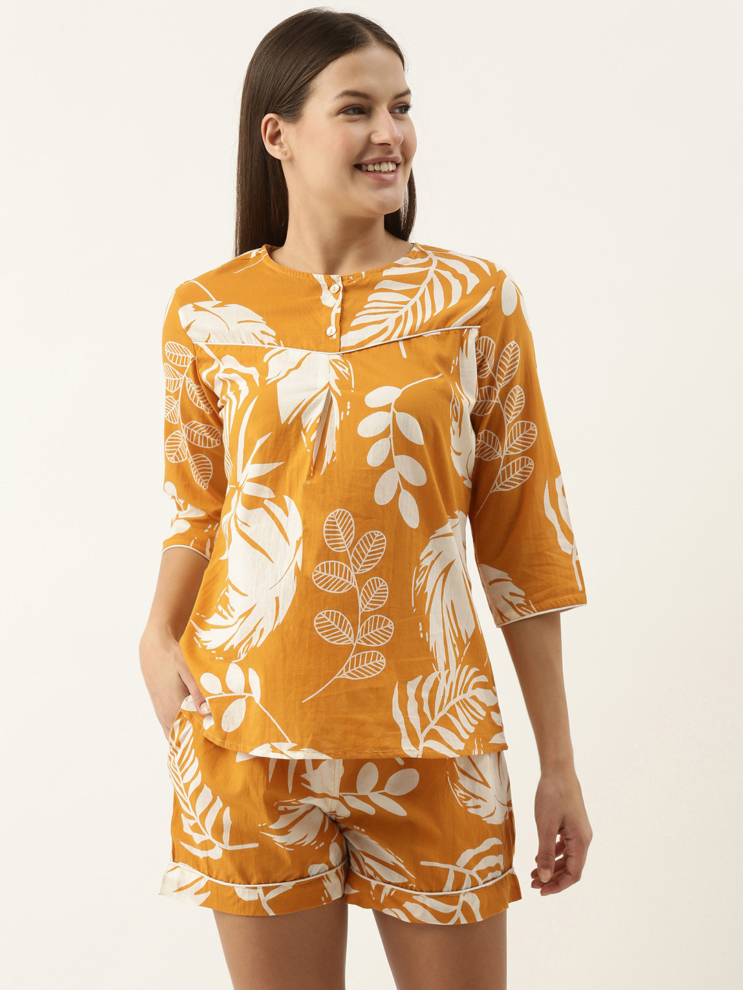 SANSKRUTIHOMES Women Mustard Yellow & White Printed Cotton Night suit