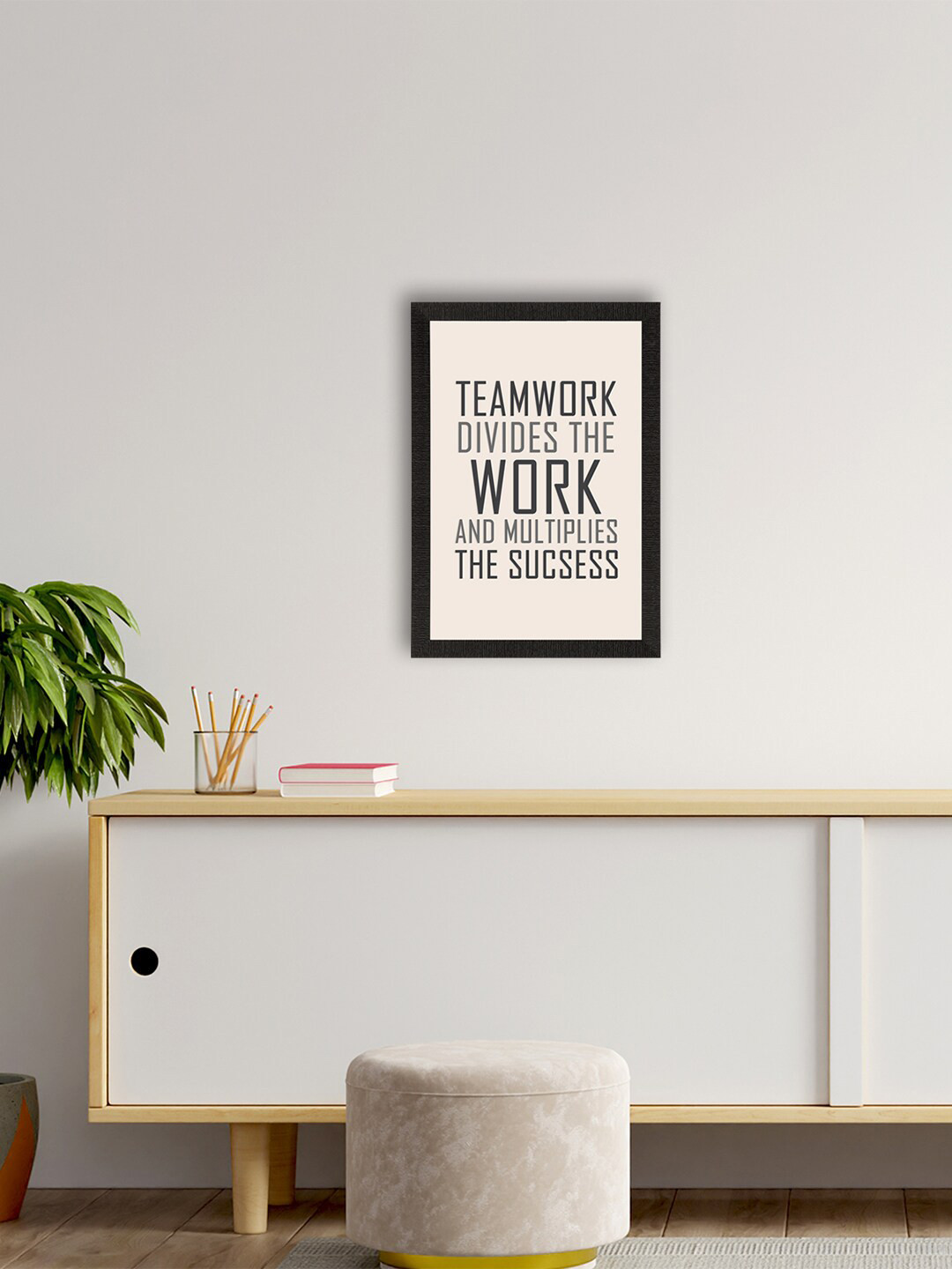 eCraftIndia Beige & Black Teamwork Motivational Quotes Printed Framed Wall Art