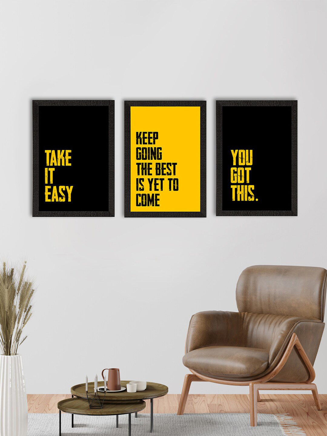 eCraftIndia Take It Easy Wood 3 Piece Wall Rectangle Paintings Wall Art - 10 x 14In