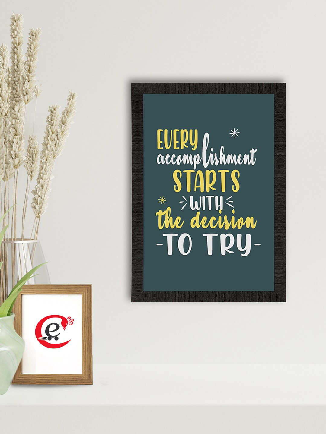 eCraftIndia Green & Yellow Motivational Quote Printed Wall Art