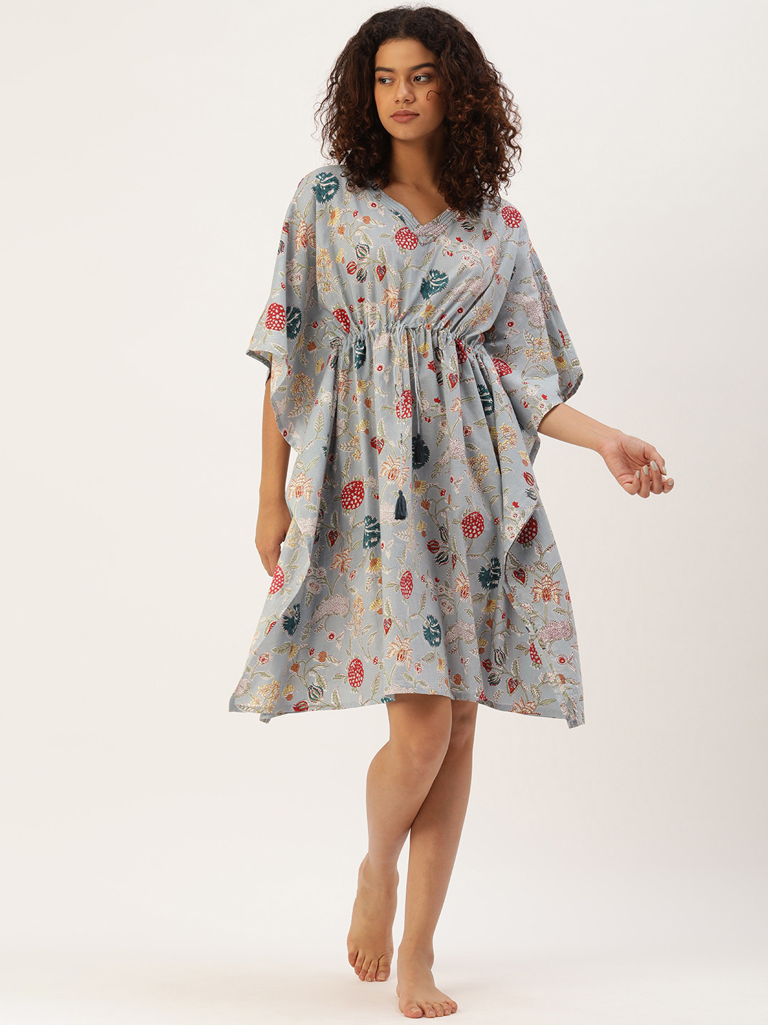 SANSKRUTIHOMES Women Grey & Red Pure Cotton Printed Kaftan Nightdress