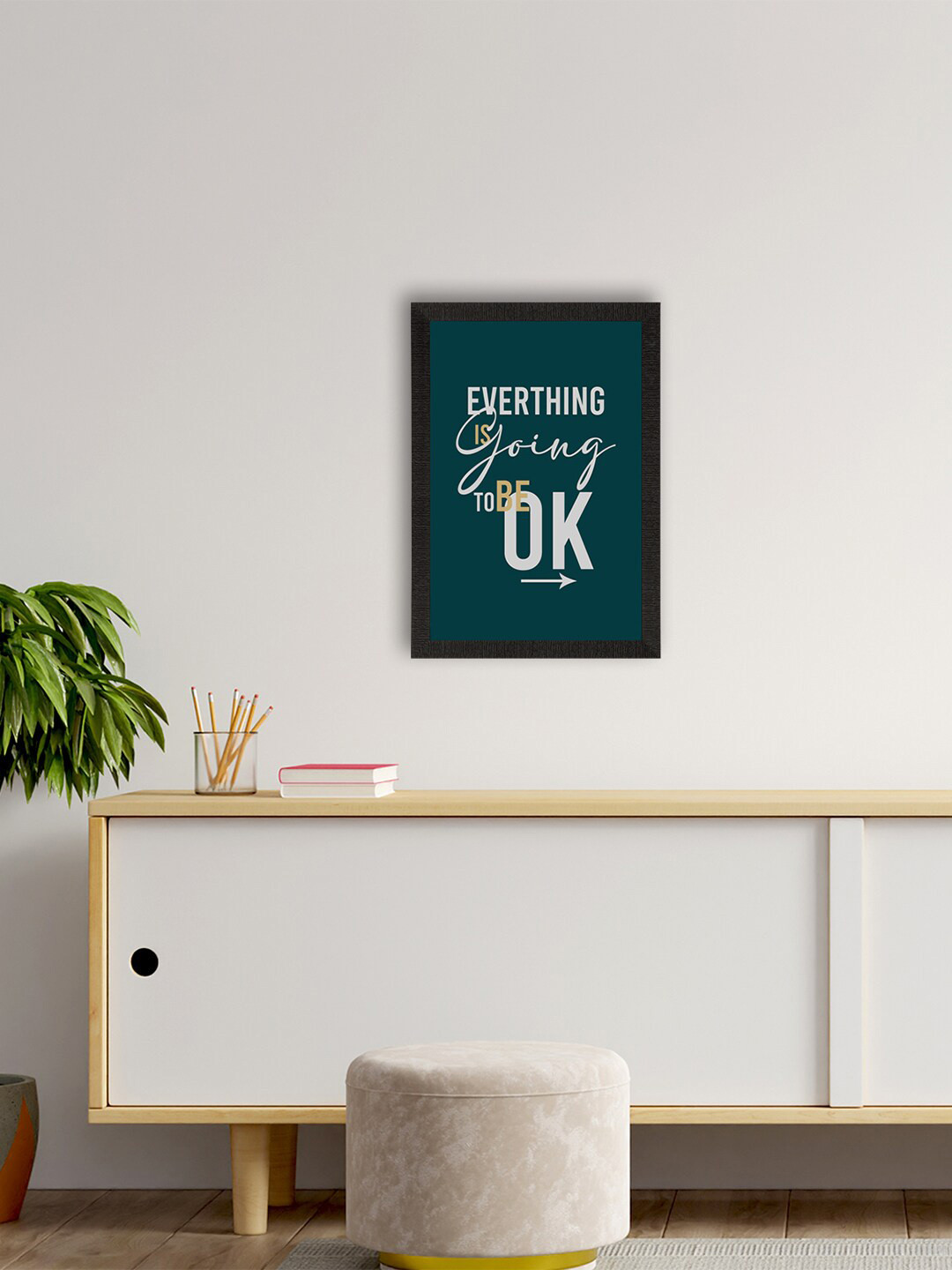 eCraftIndia Green & White Everything Is Going To Be Ok Printed Framed Wall Art