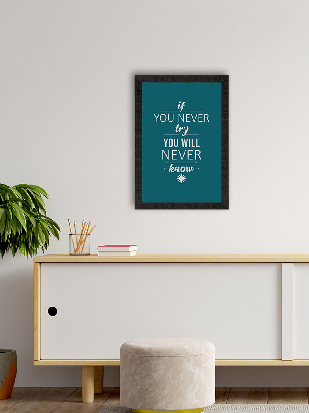 eCraftIndia Teal Blue & White Motivational Quote Satin Matt Texture UV Framed Wall Art