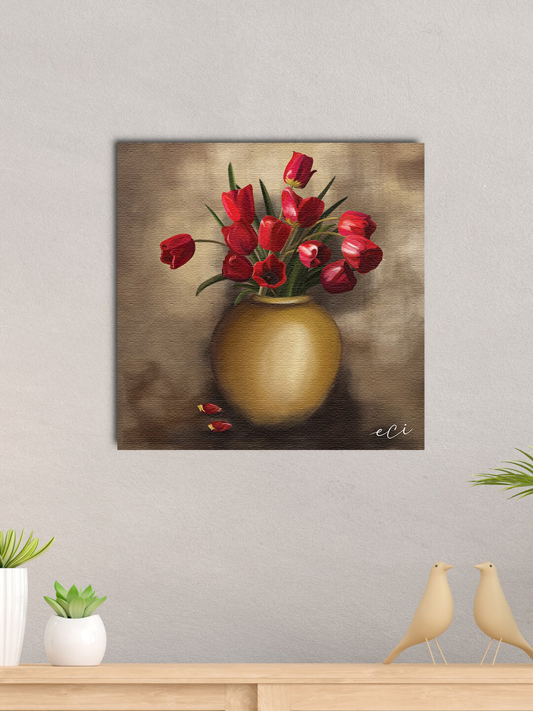 eCraftIndia Red & Brown Rose Flower Vase Canvas Printed Wall Art